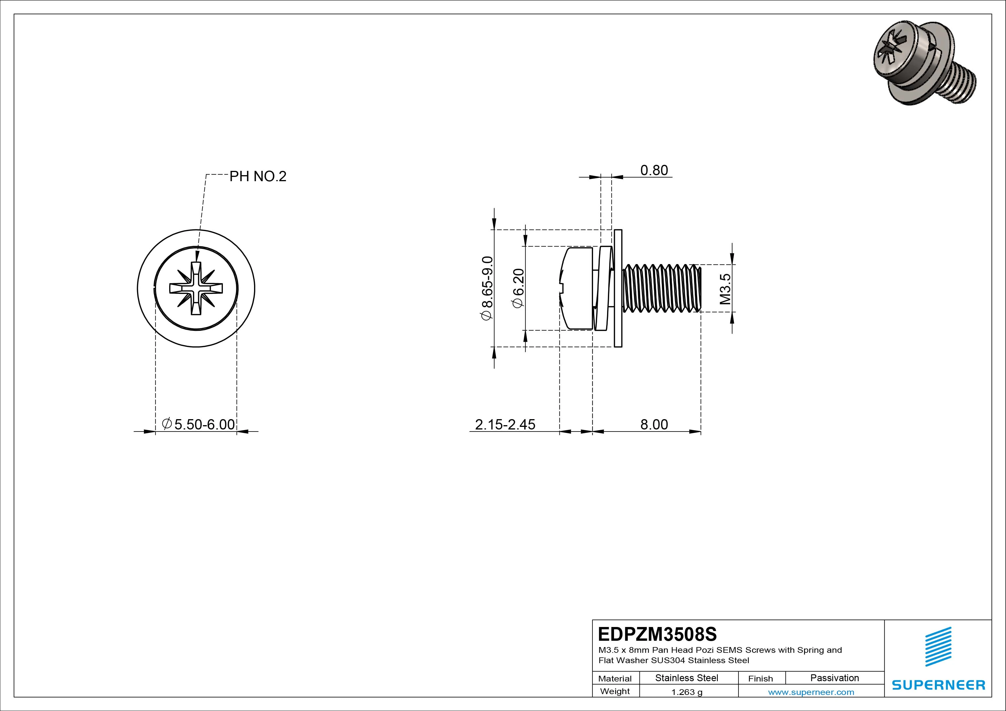 M3.5 x 8mm Pan Head Pozi SEMS Screws with Spring and Flat Washer SUS304 Stainless Steel Inox