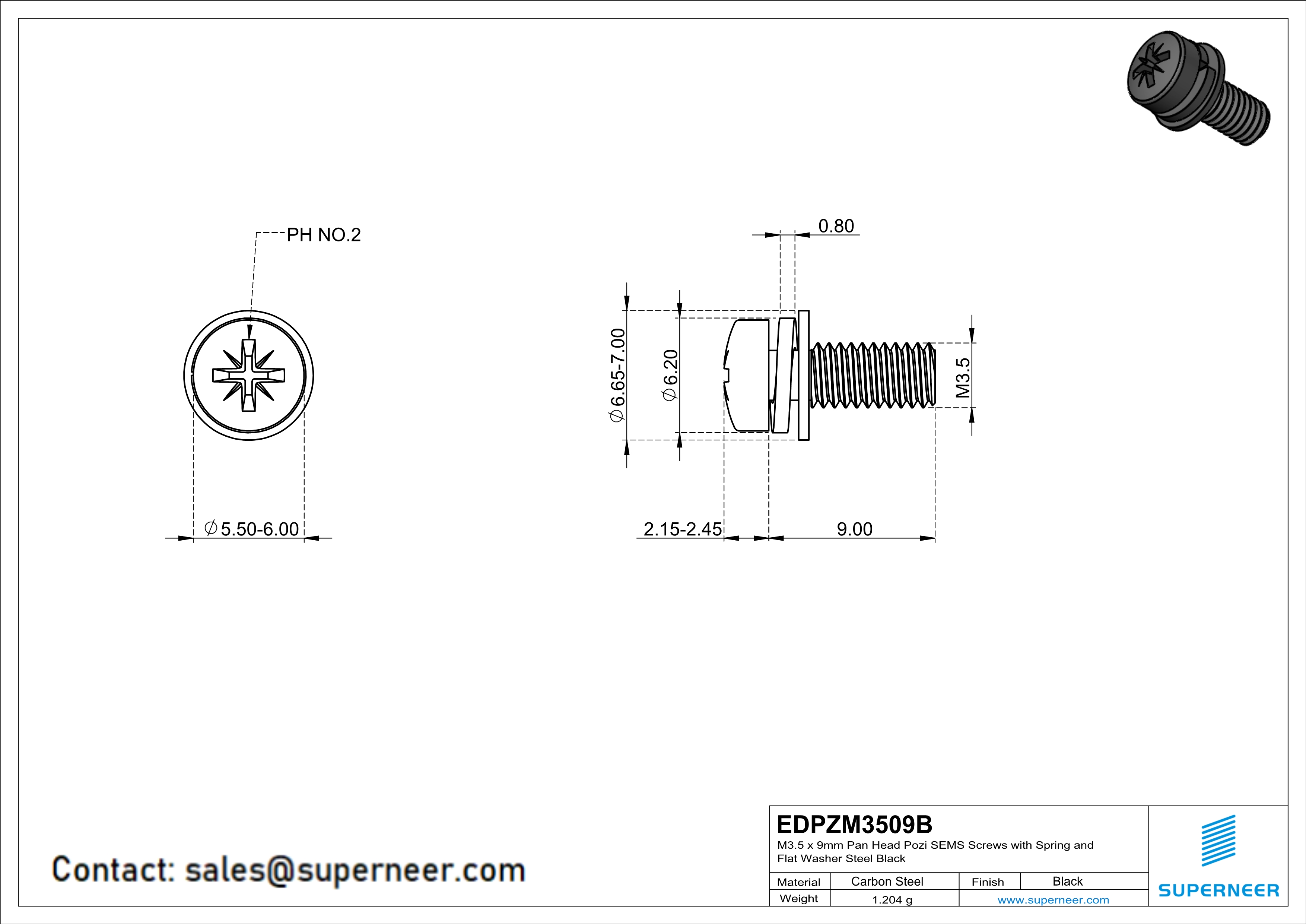 M3.5 x 9mm Pan Head Pozi SEMS Screws with Spring and Flat Washer Steel Black