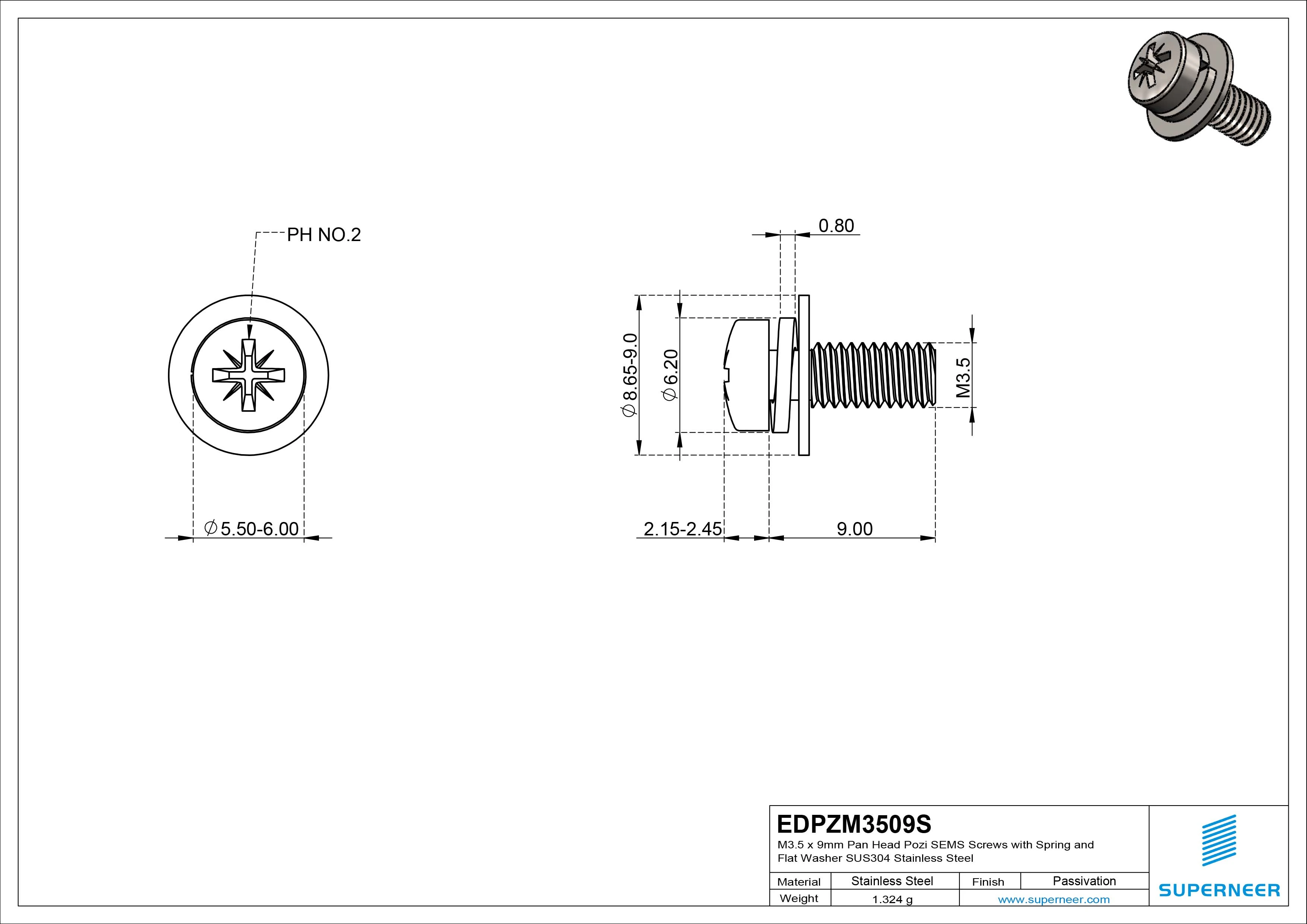 M3.5 x 9mm Pan Head Pozi SEMS Screws with Spring and Flat Washer SUS304 Stainless Steel Inox