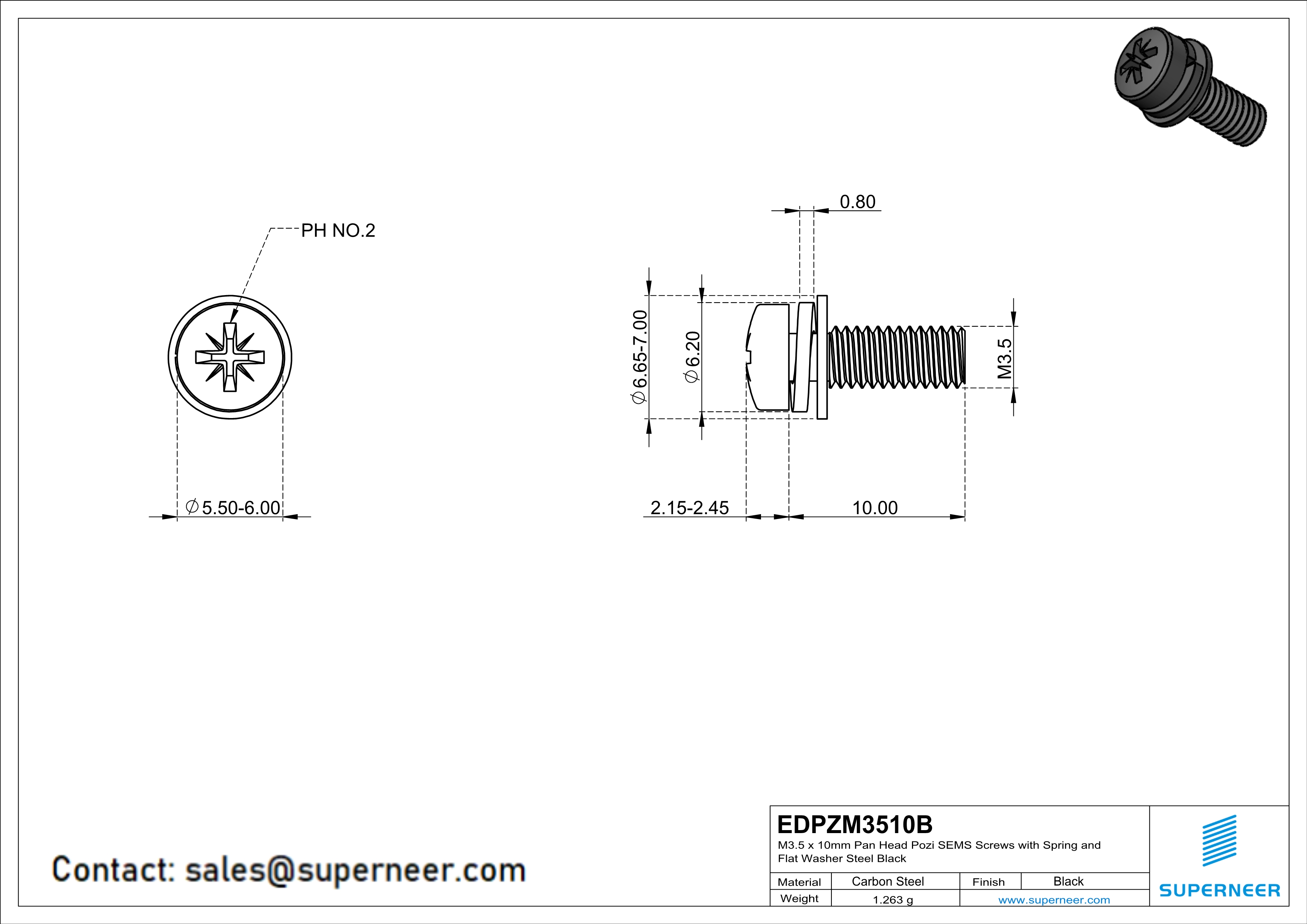 M3.5 x 10mm Pan Head Pozi SEMS Screws with Spring and Flat Washer Steel Black