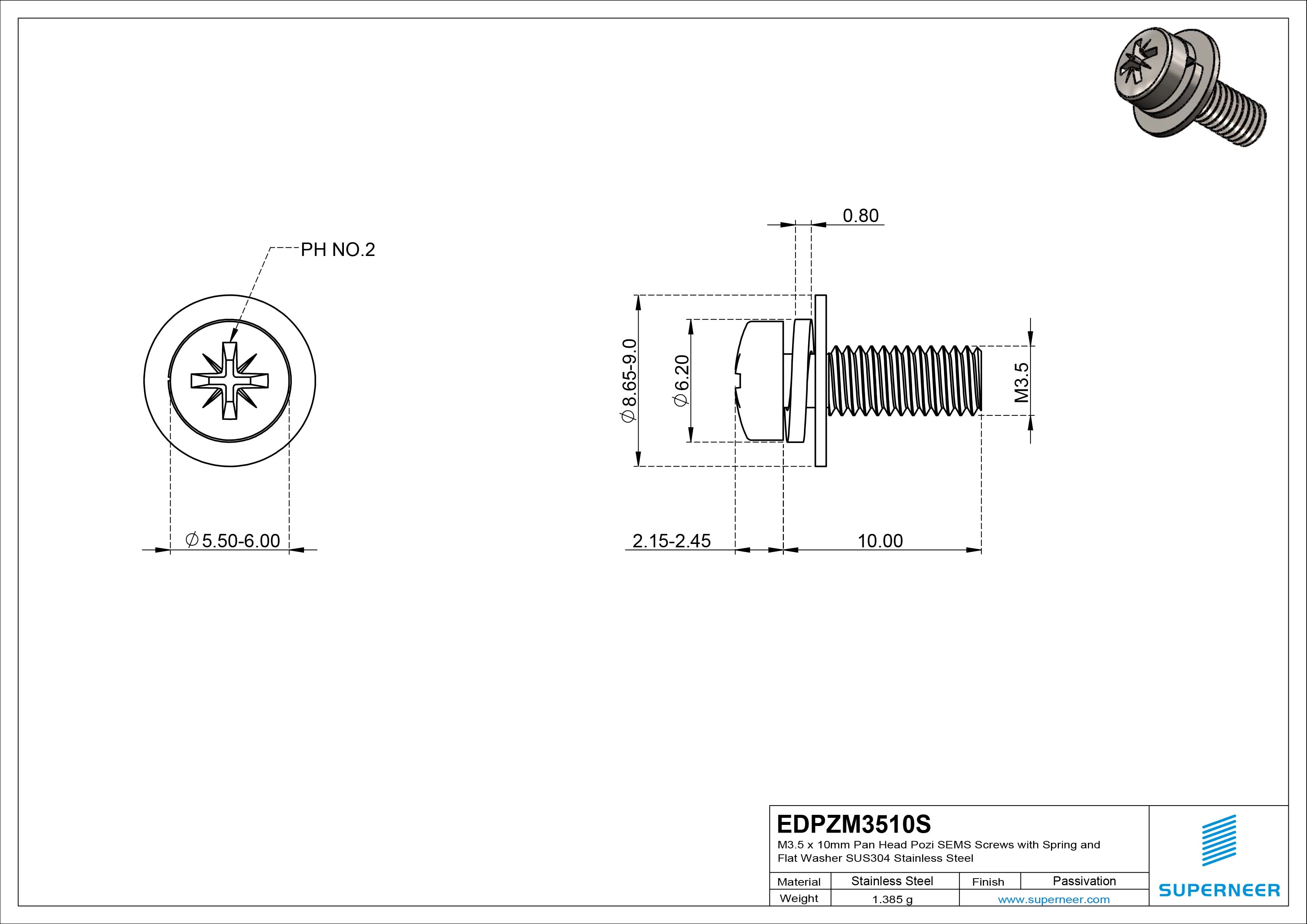 M3.5 x 10mm Pan Head Pozi SEMS Screws with Spring and Flat Washer SUS304 Stainless Steel Inox