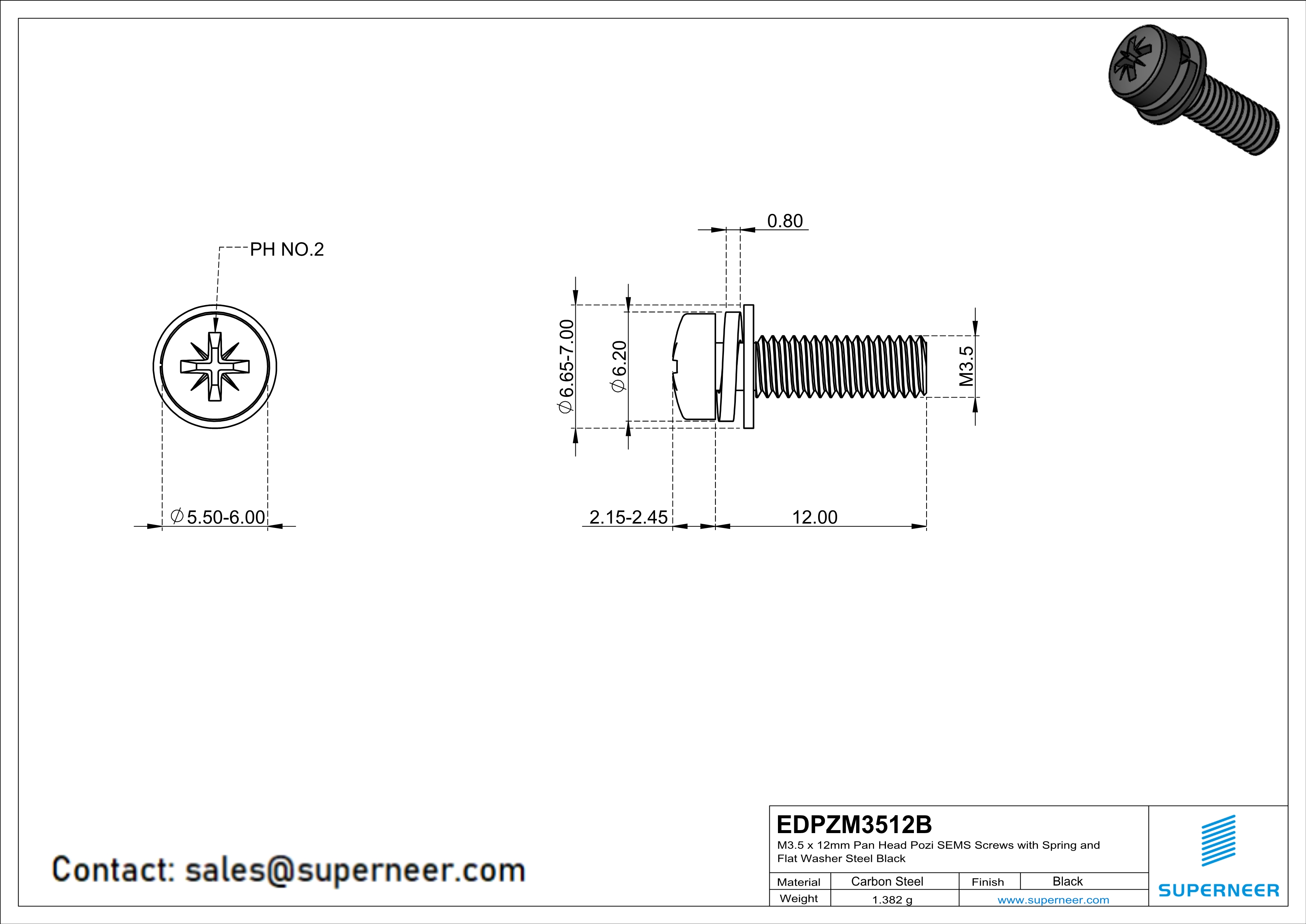 M3.5 x 12mm Pan Head Pozi SEMS Screws with Spring and Flat Washer Steel Black