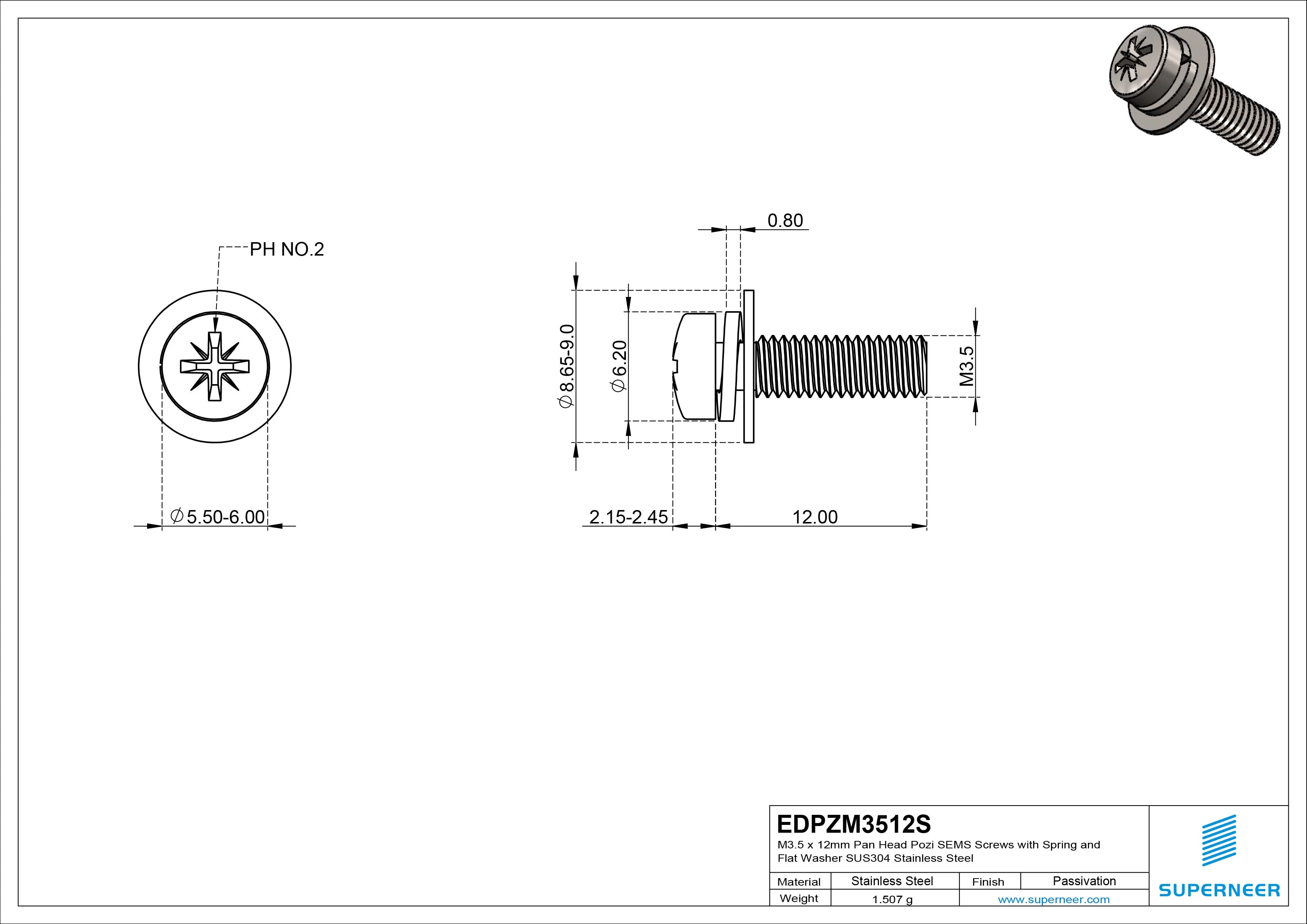 M3.5 x 12mm Pan Head Pozi SEMS Screws with Spring and Flat Washer SUS304 Stainless Steel Inox