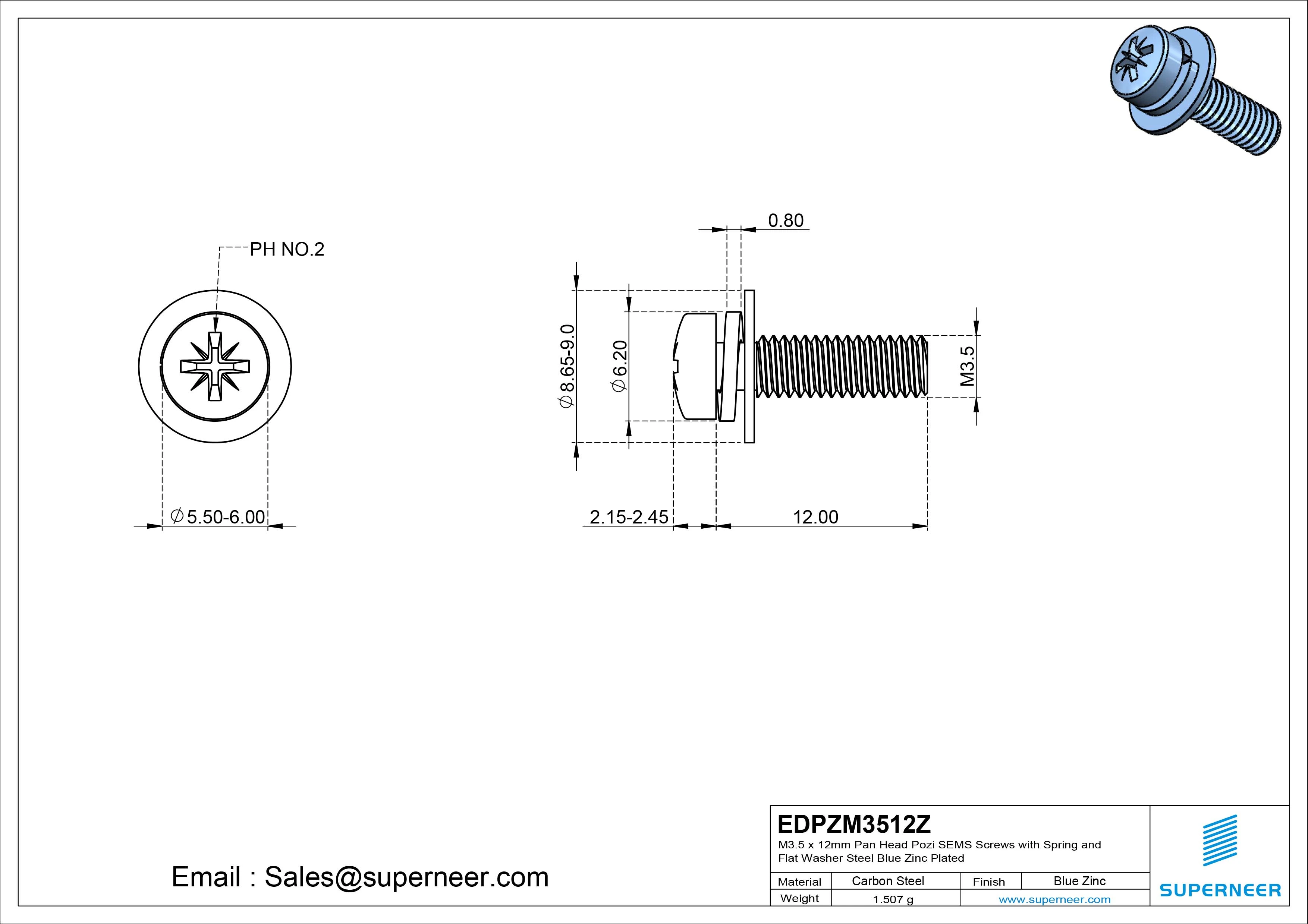 M3.5 x 12mm Pan Head Pozi SEMS Screws with Spring and Flat Washer Steel Blue Zinc Plated