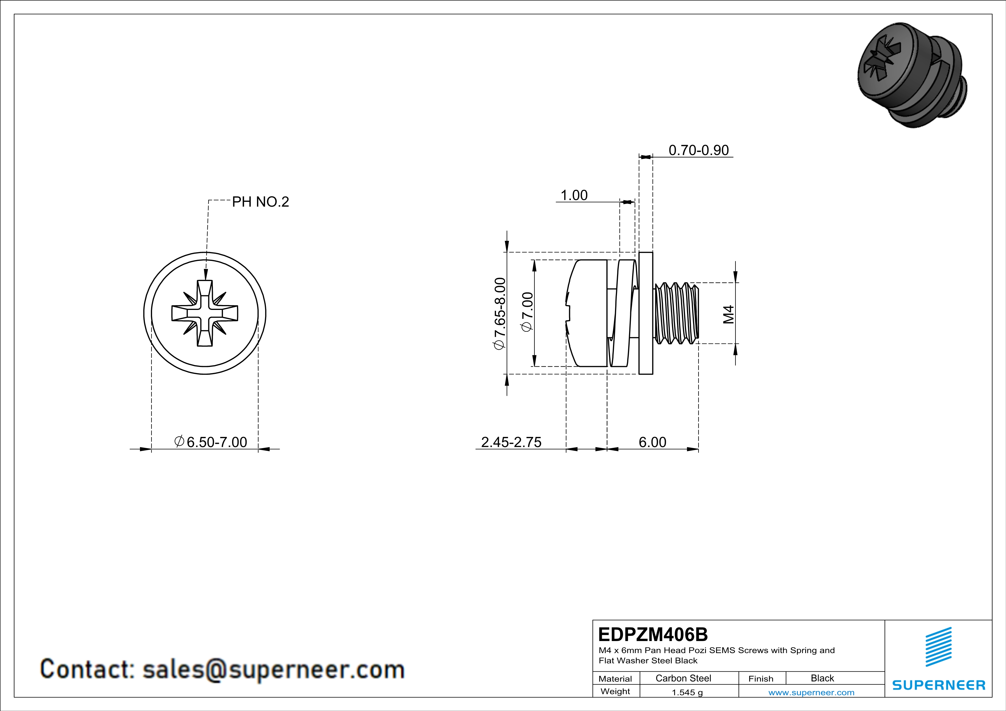 M4 x 6mm Pan Head Pozi SEMS Screws with Spring and Flat Washer Steel Black