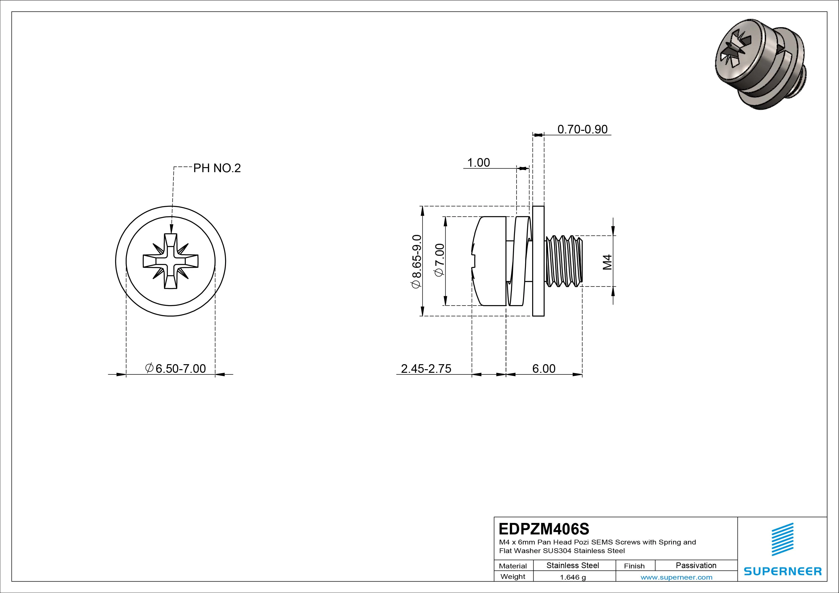 M4 x 6mm Pan Head Pozi SEMS Screws with Spring and Flat Washer SUS304 Stainless Steel Inox