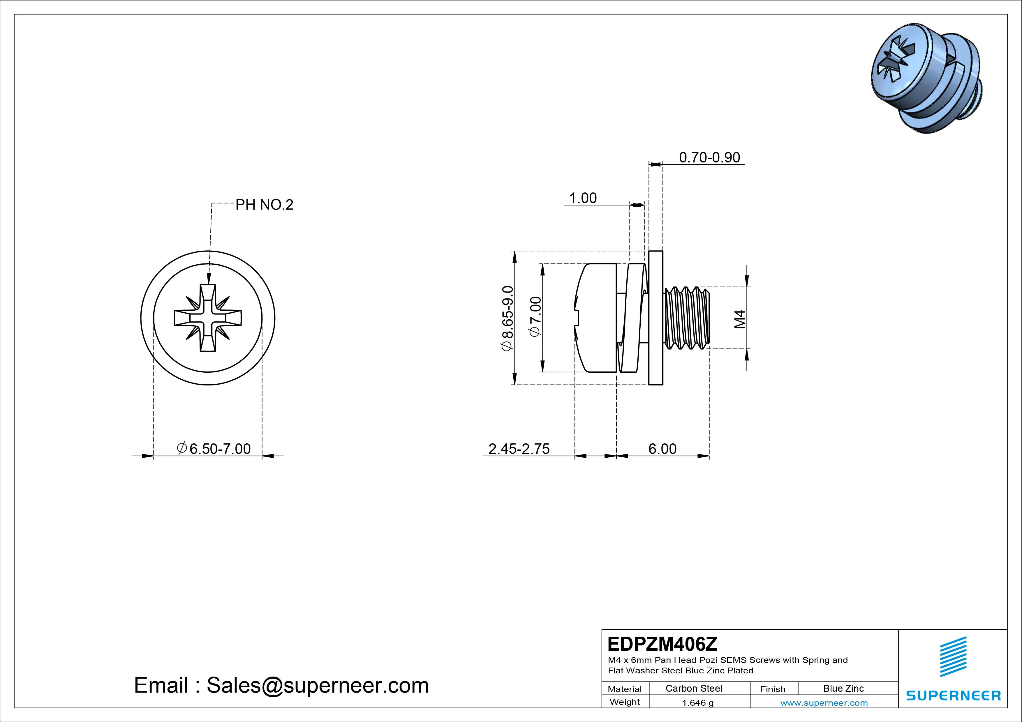 M4 x 6mm Pan Head Pozi SEMS Screws with Spring and Flat Washer Steel Blue Zinc Plated