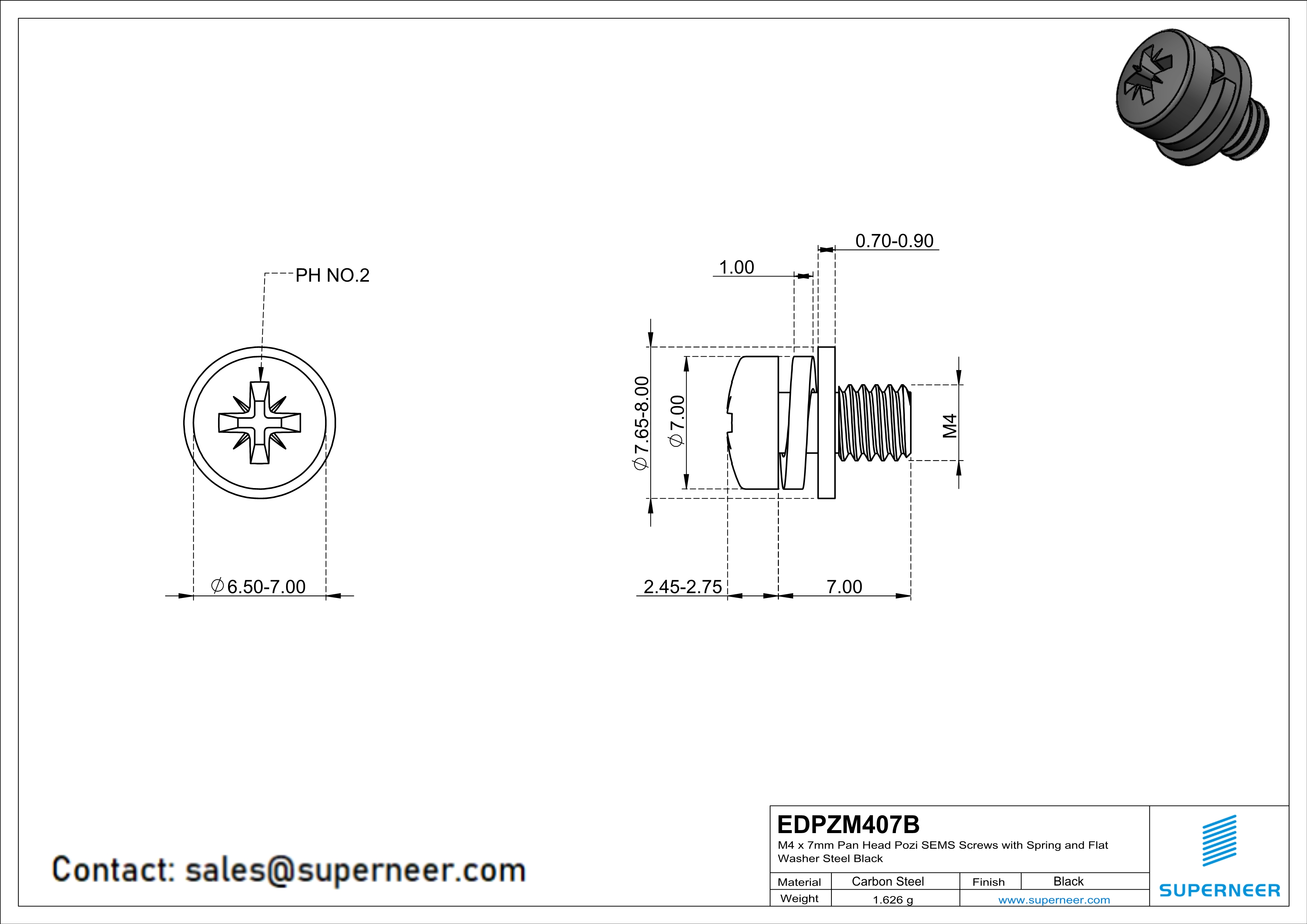 M4 x 7mm Pan Head Pozi SEMS Screws with Spring and Flat Washer Steel Black