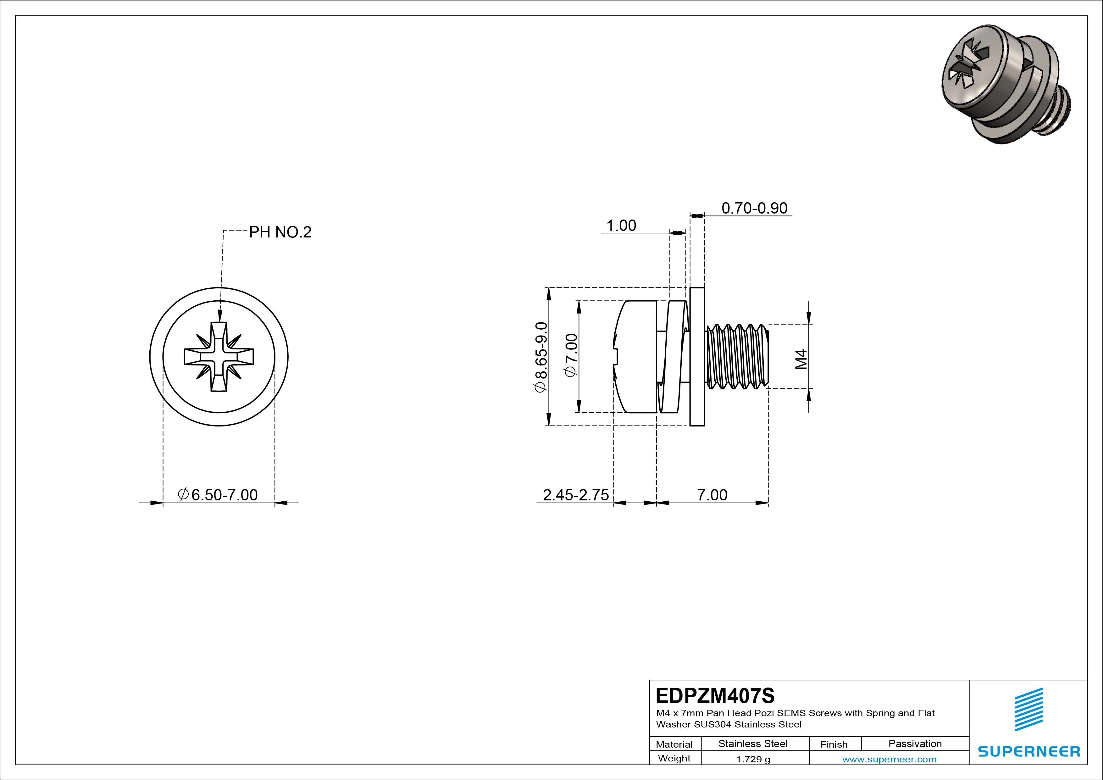 M4 x 7mm Pan Head Pozi SEMS Screws with Spring and Flat Washer SUS304 Stainless Steel Inox