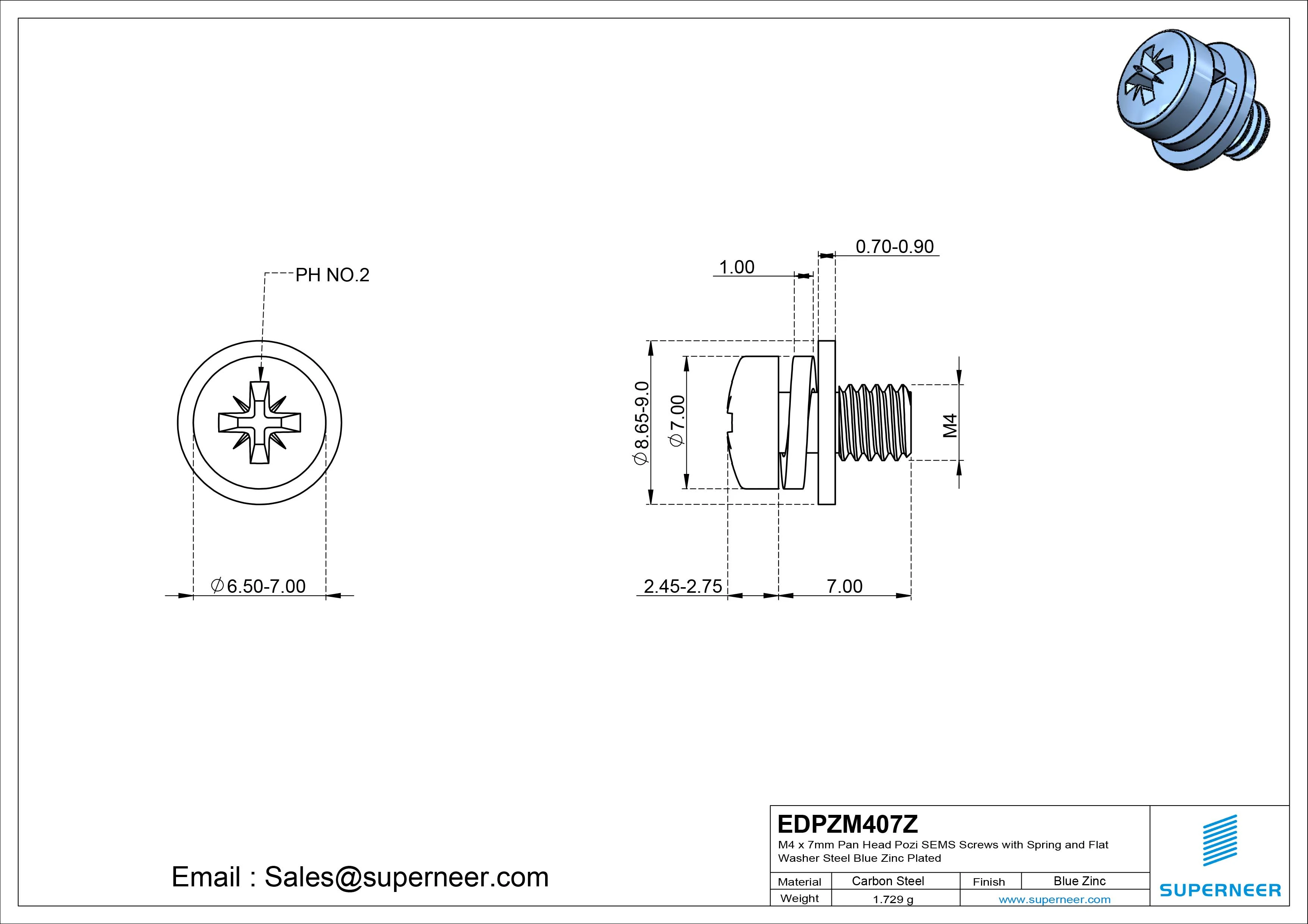 M4 x 7mm Pan Head Pozi SEMS Screws with Spring and Flat Washer Steel Blue Zinc Plated