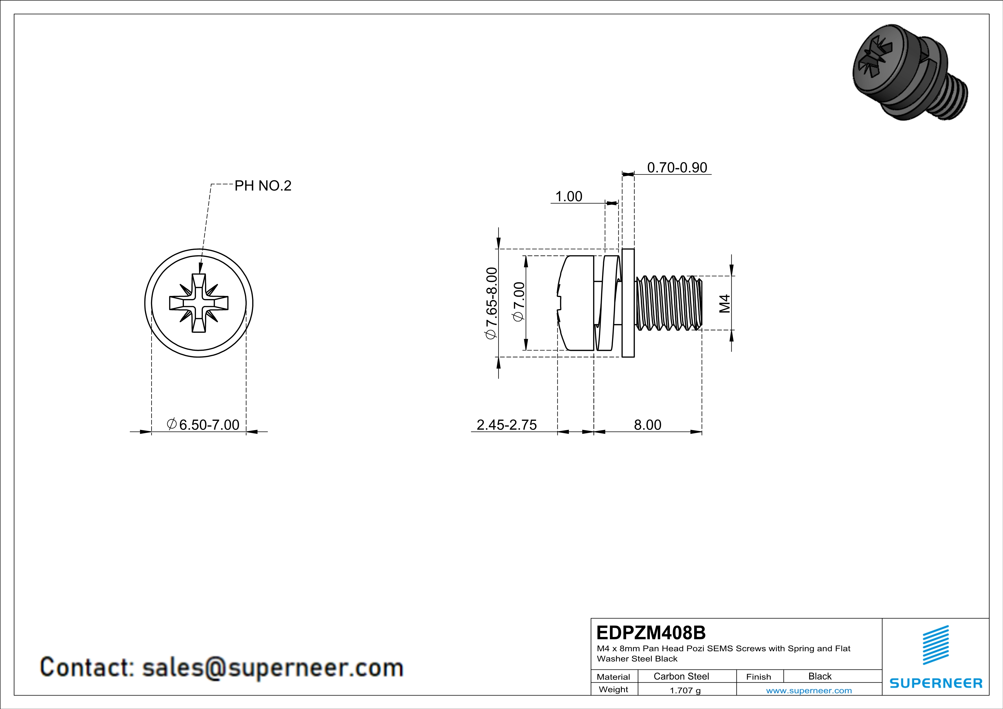 M4 x 8mm Pan Head Pozi SEMS Screws with Spring and Flat Washer Steel Black