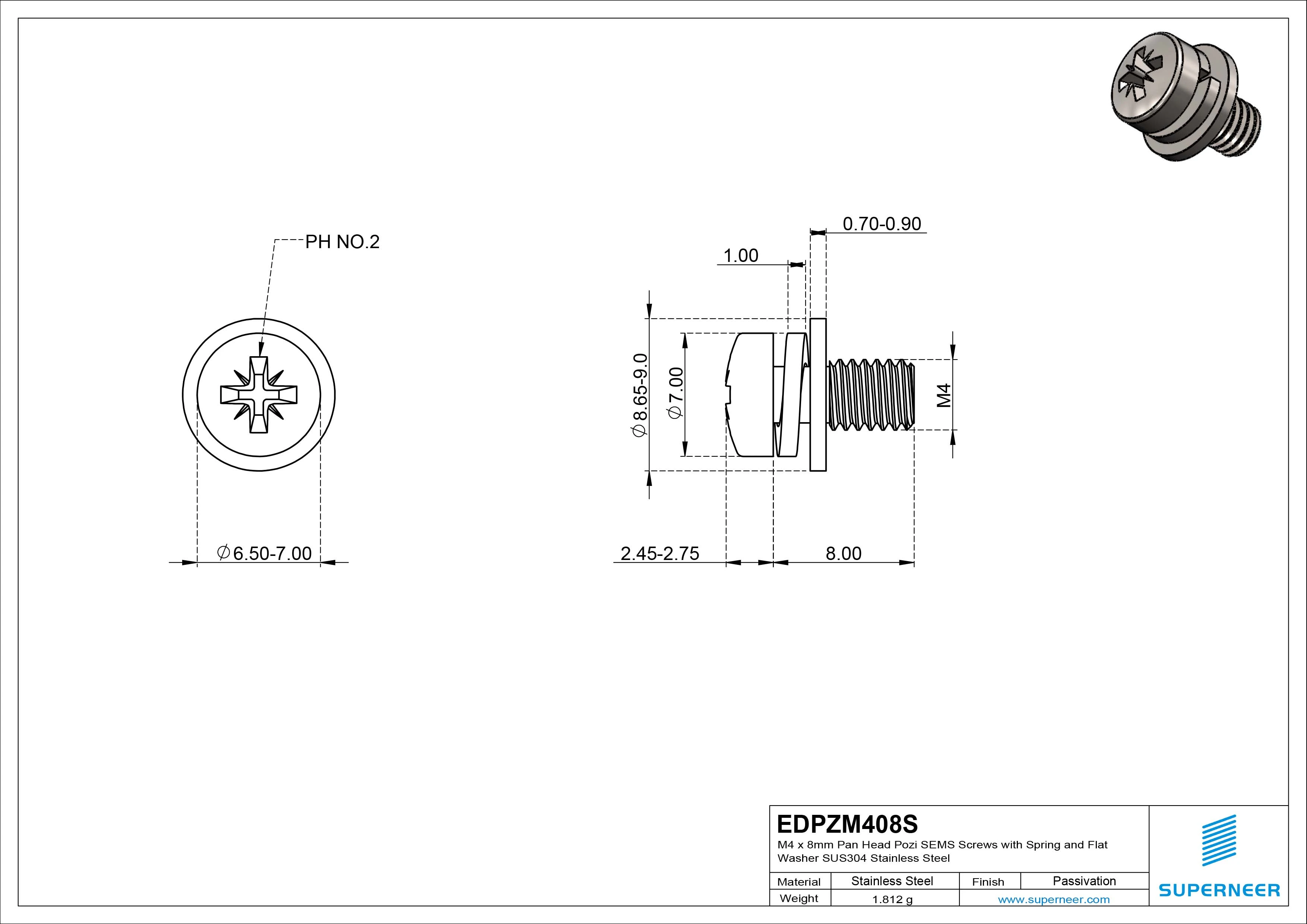 M4 x 8mm Pan Head Pozi SEMS Screws with Spring and Flat Washer SUS304 Stainless Steel Inox
