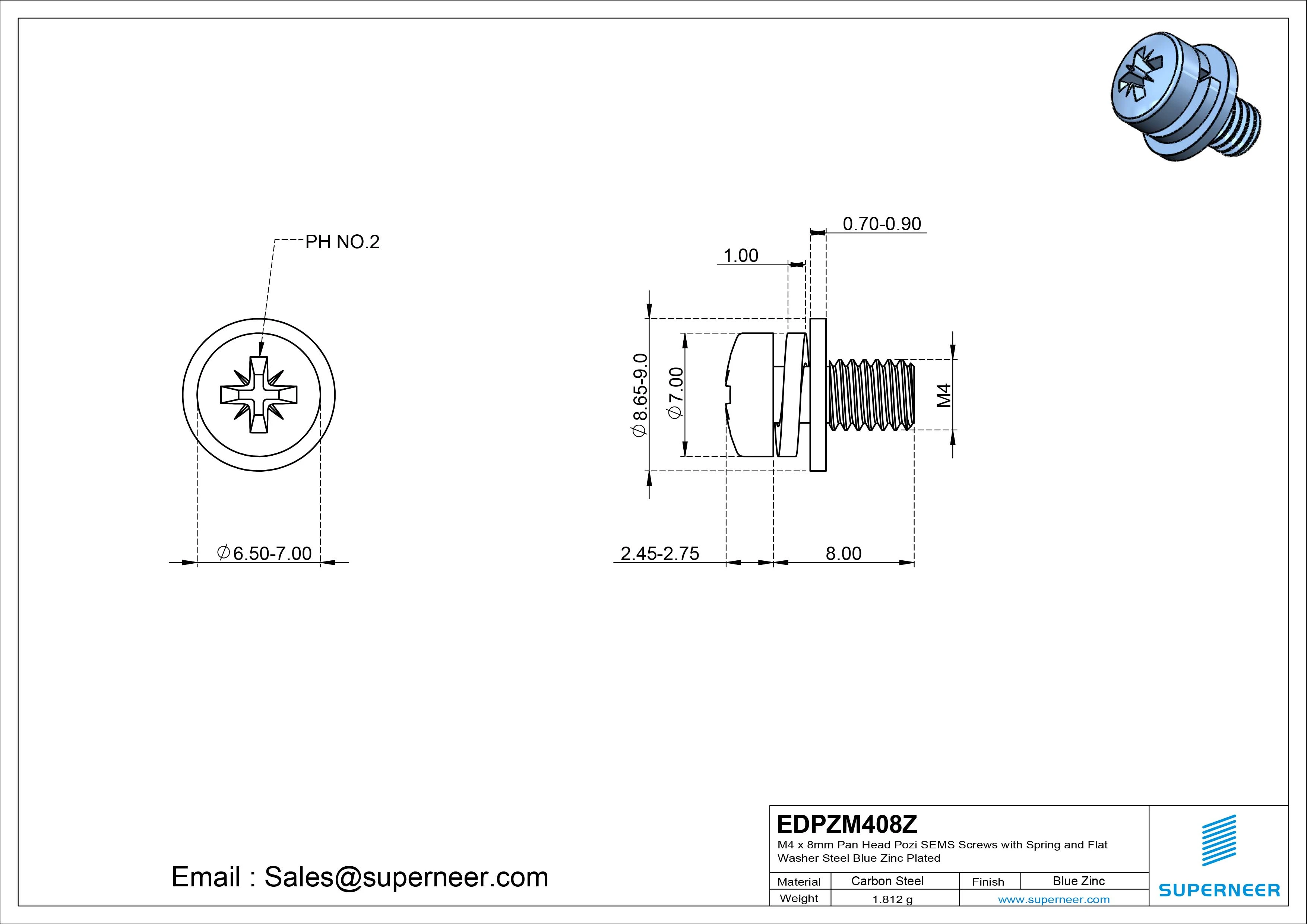 M4 x 8mm Pan Head Pozi SEMS Screws with Spring and Flat Washer Steel Blue Zinc Plated