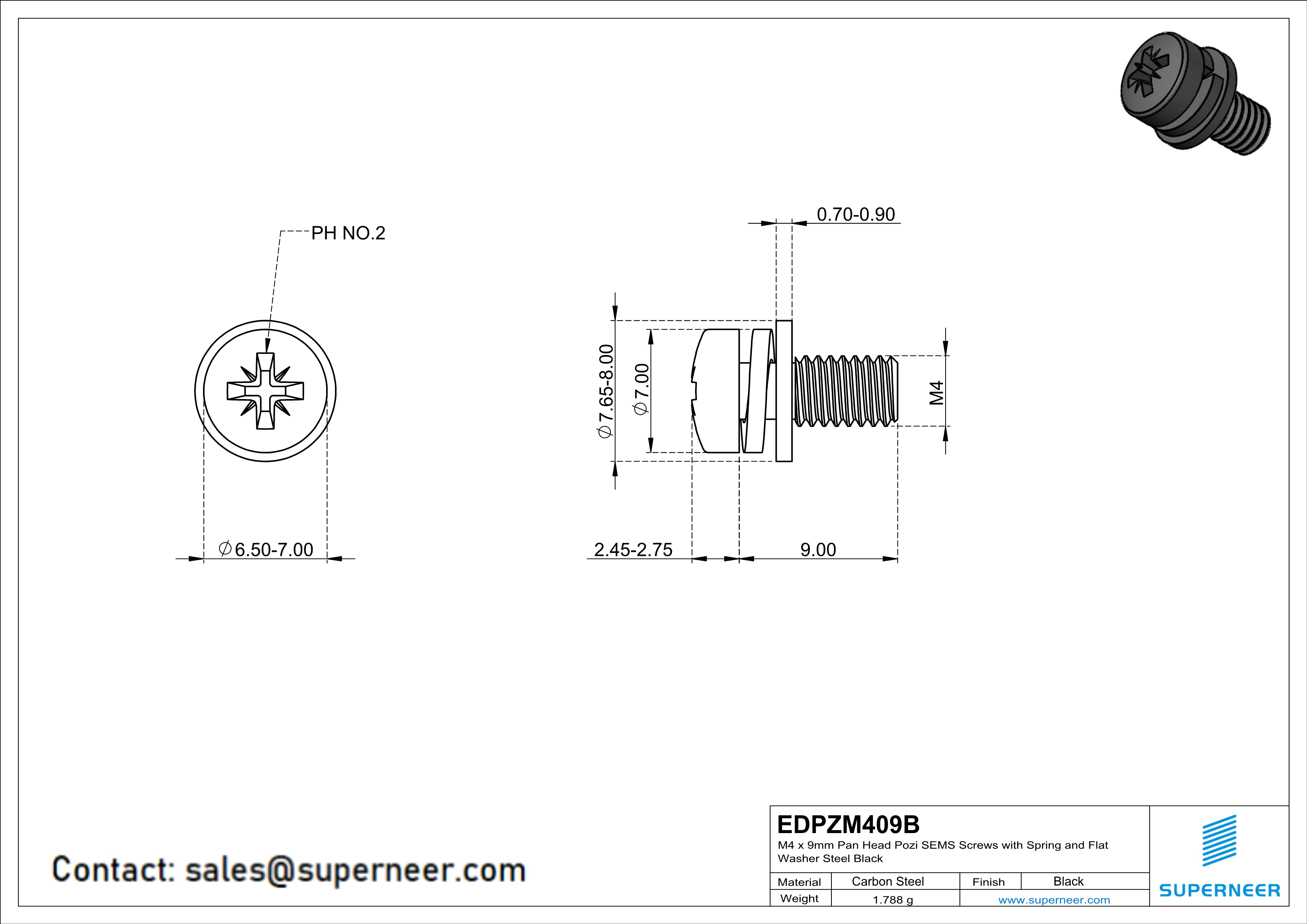 M4 x 9mm Pan Head Pozi SEMS Screws with Spring and Flat Washer Steel Black