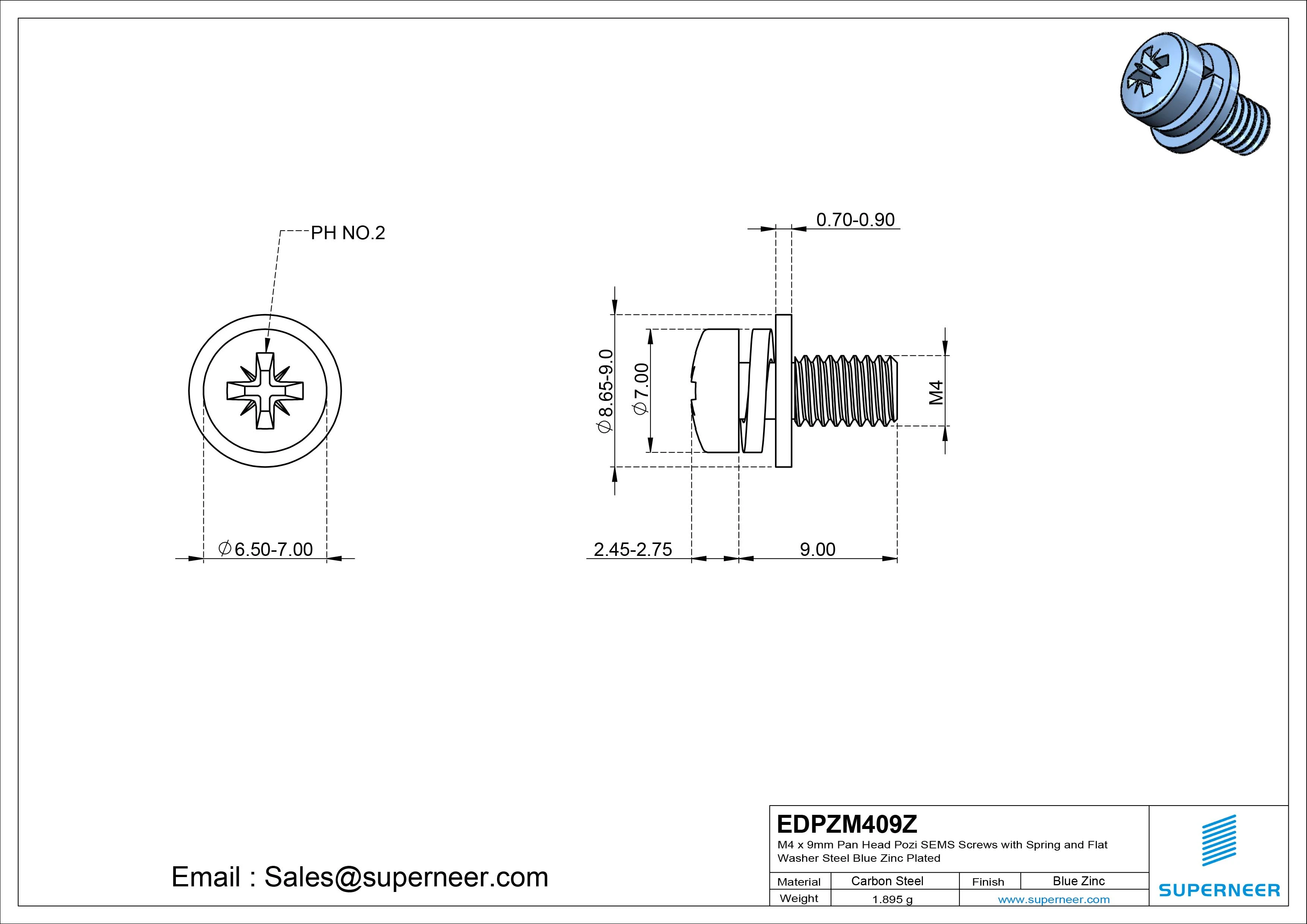 M4 x 9mm Pan Head Pozi SEMS Screws with Spring and Flat Washer Steel Blue Zinc Plated