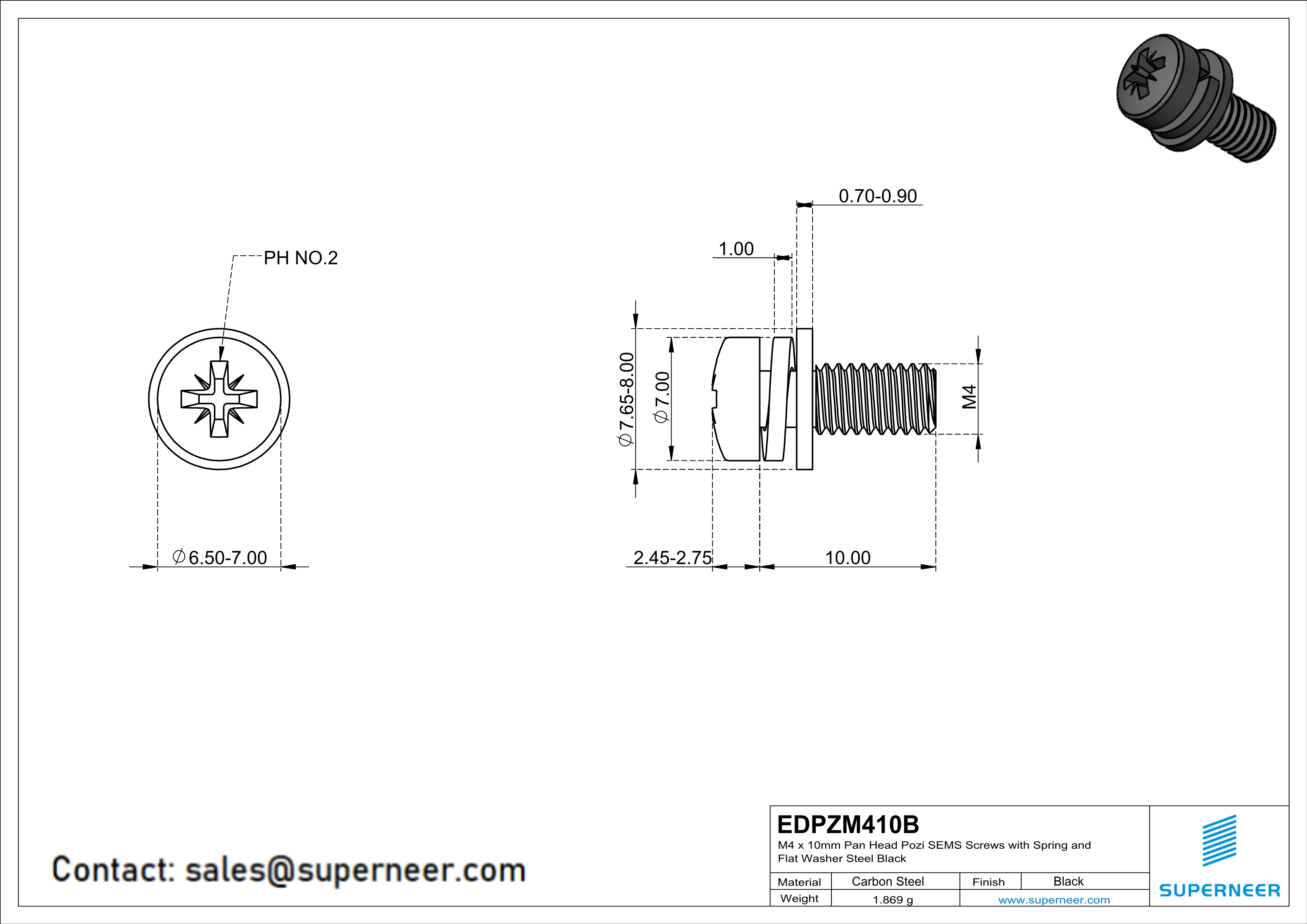 M4 x 10mm Pan Head Pozi SEMS Screws with Spring and Flat Washer Steel Black