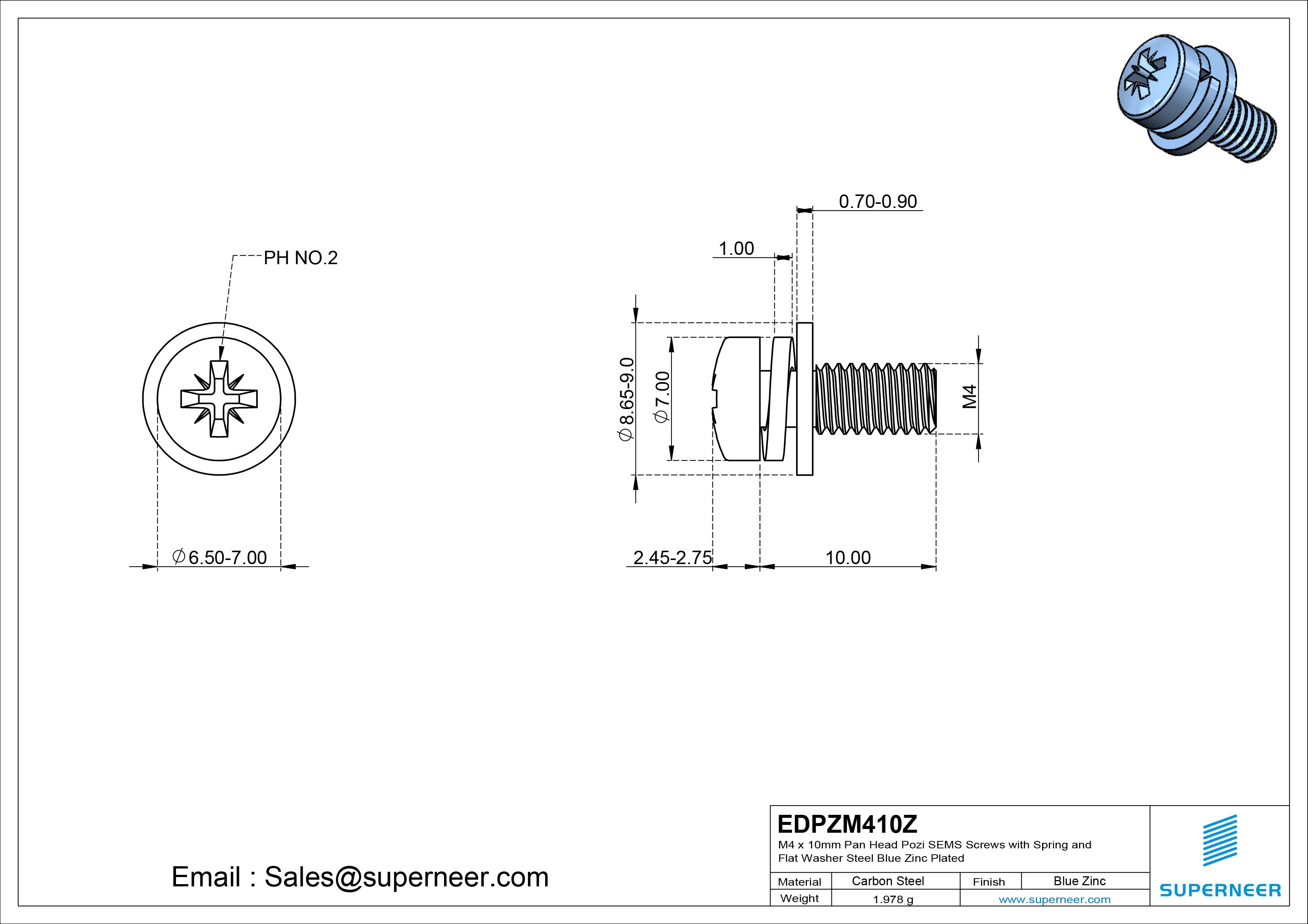 M4 x 10mm Pan Head Pozi SEMS Screws with Spring and Flat Washer Steel Blue Zinc Plated