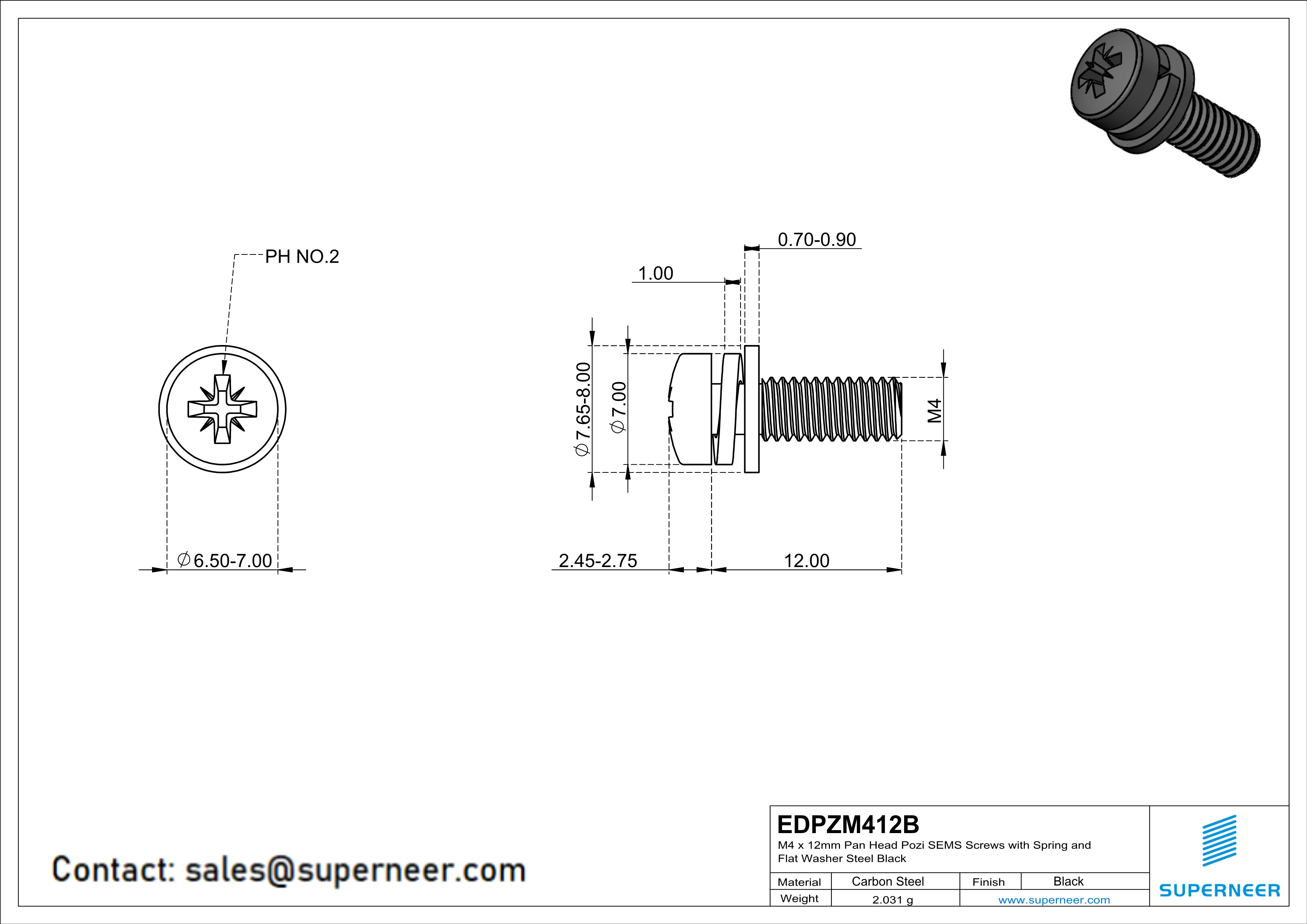 M4 x 12mm Pan Head Pozi SEMS Screws with Spring and Flat Washer Steel Black