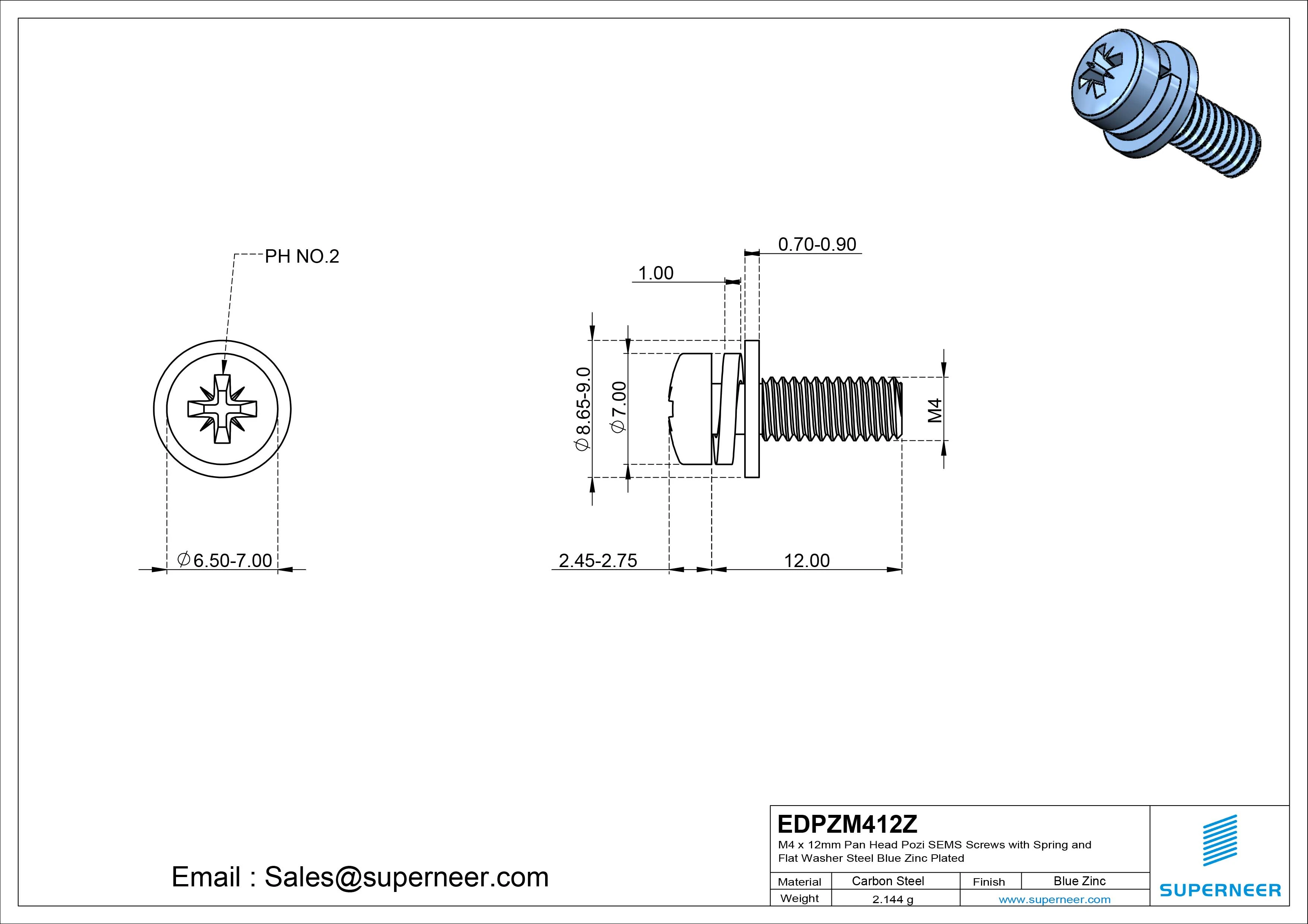 M4 x 12mm Pan Head Pozi SEMS Screws with Spring and Flat Washer Steel Blue Zinc Plated