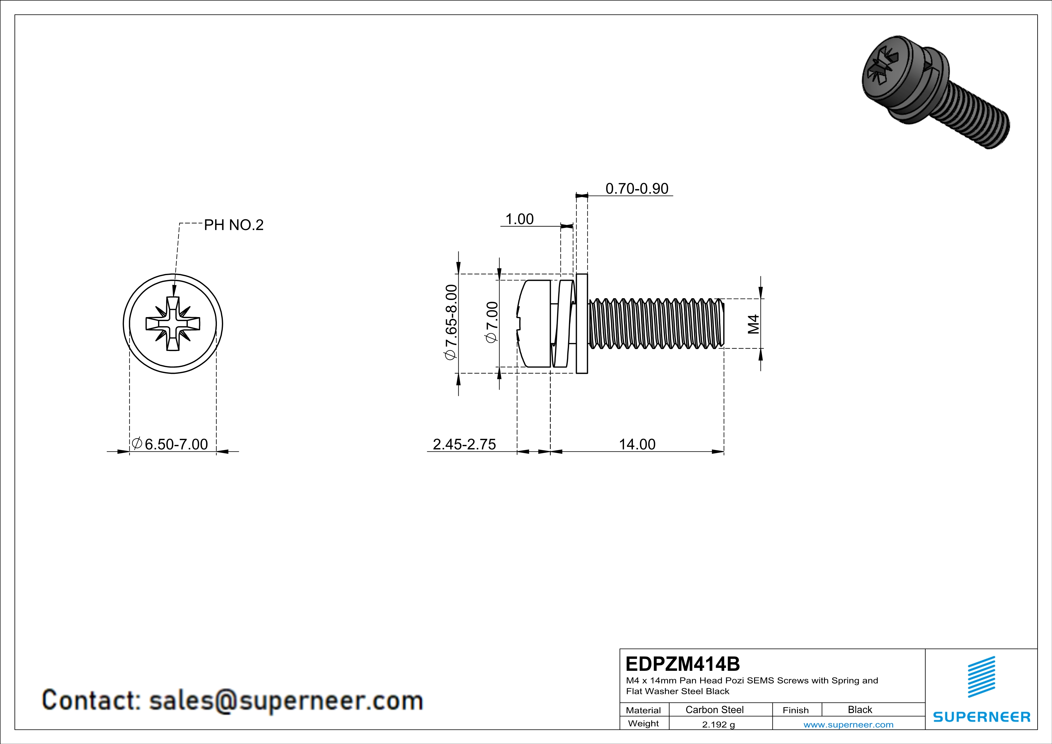M4 x 14mm Pan Head Pozi SEMS Screws with Spring and Flat Washer Steel Black