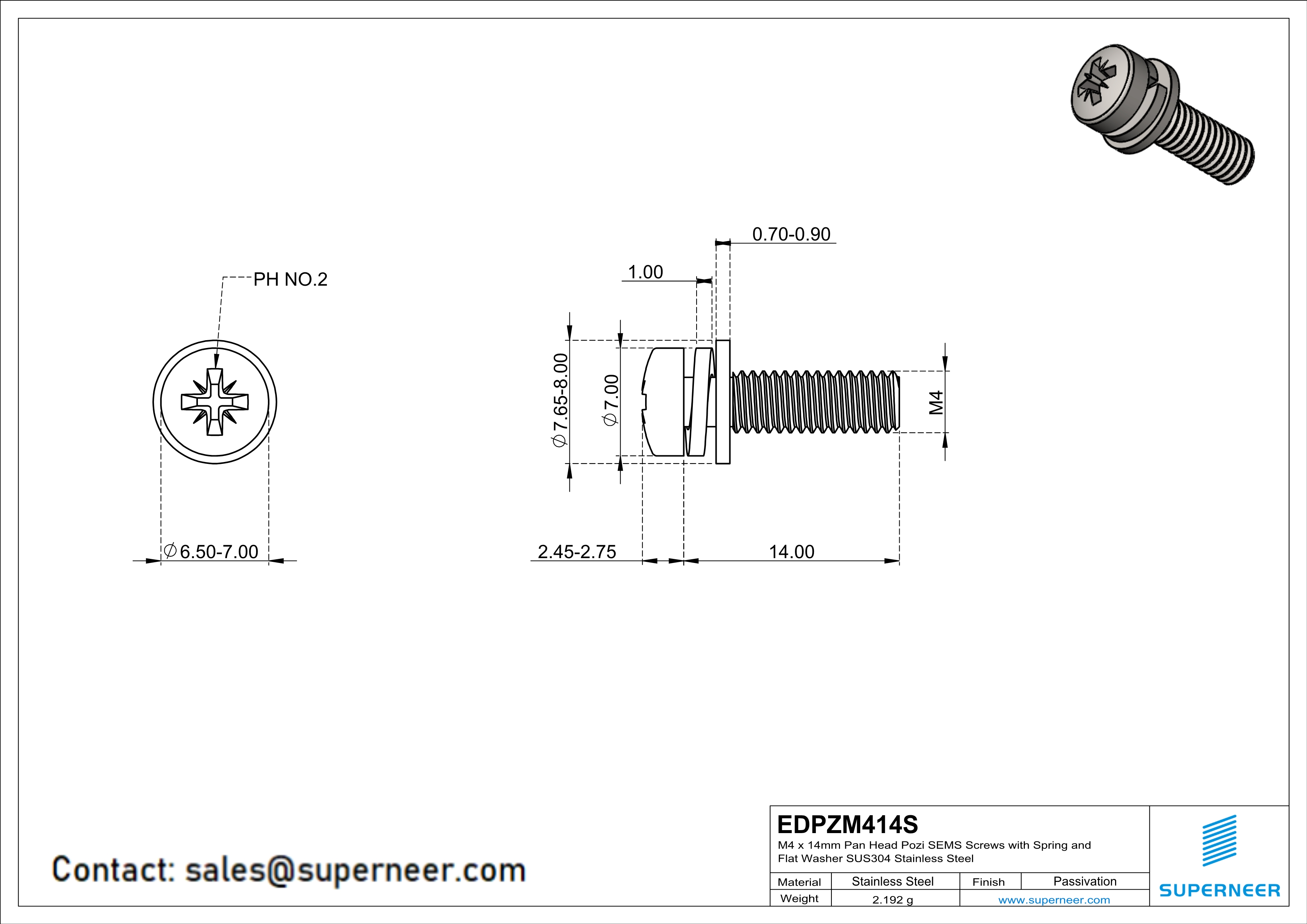 M4 x 14mm Pan Head Pozi SEMS Screws with Spring and Flat Washer SUS304 Stainless Steel Inox