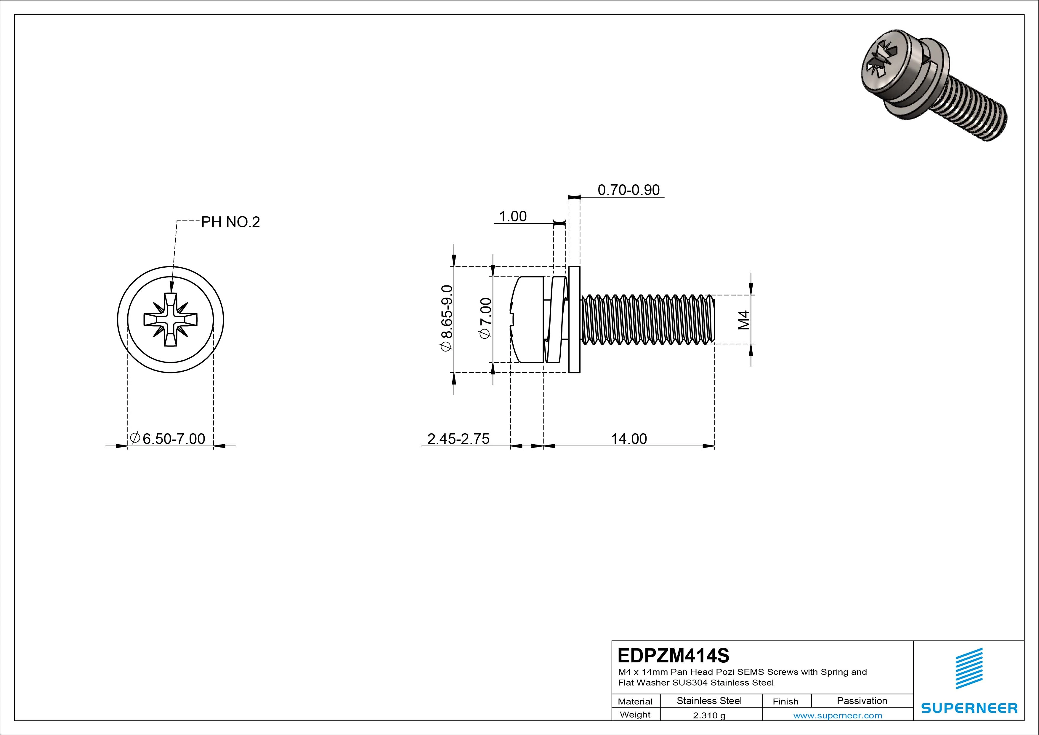 M4 x 14mm Pan Head Pozi SEMS Screws with Spring and Flat Washer SUS304 Stainless Steel Inox