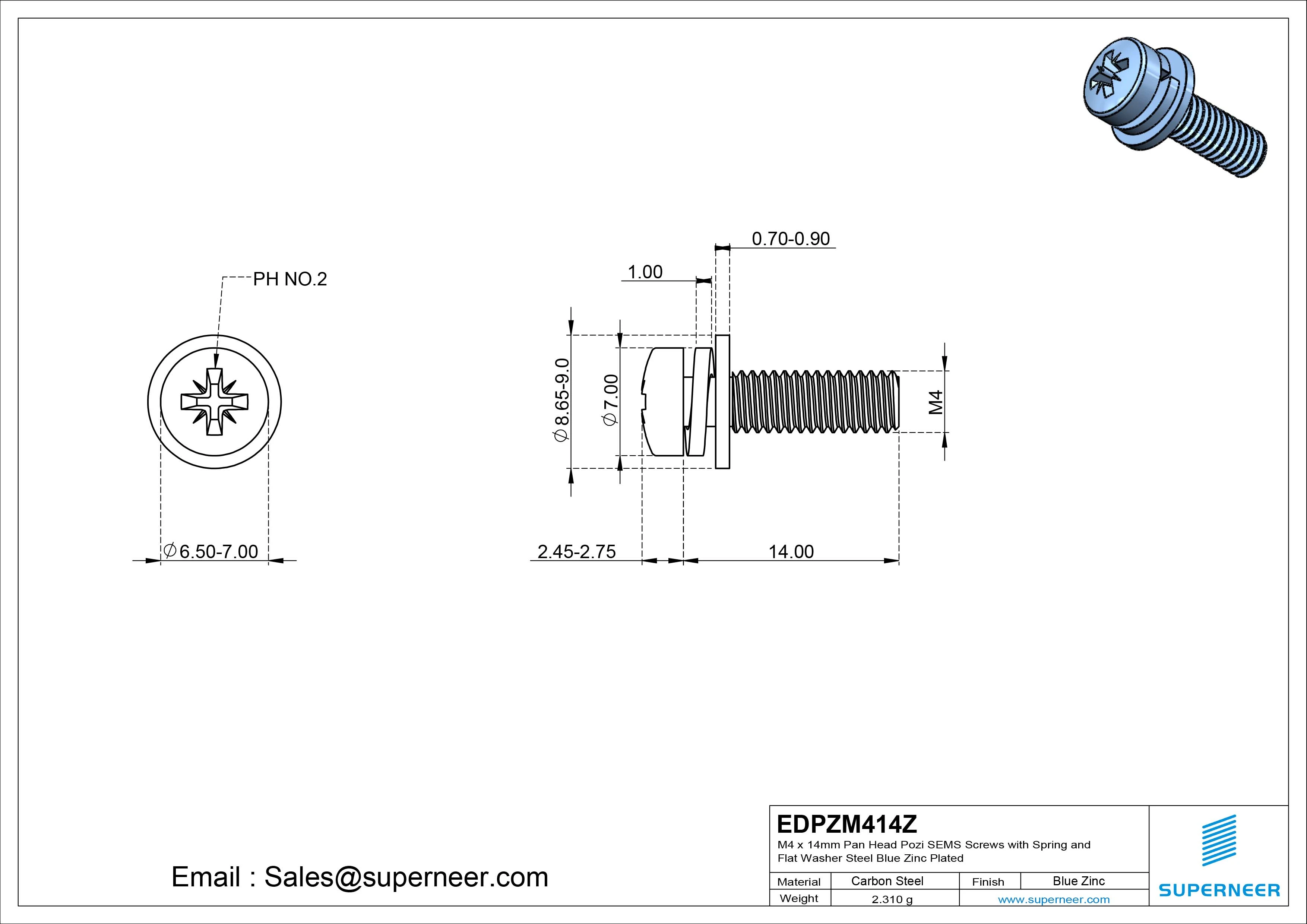 M4 x 14mm Pan Head Pozi SEMS Screws with Spring and Flat Washer Steel Blue Zinc Plated