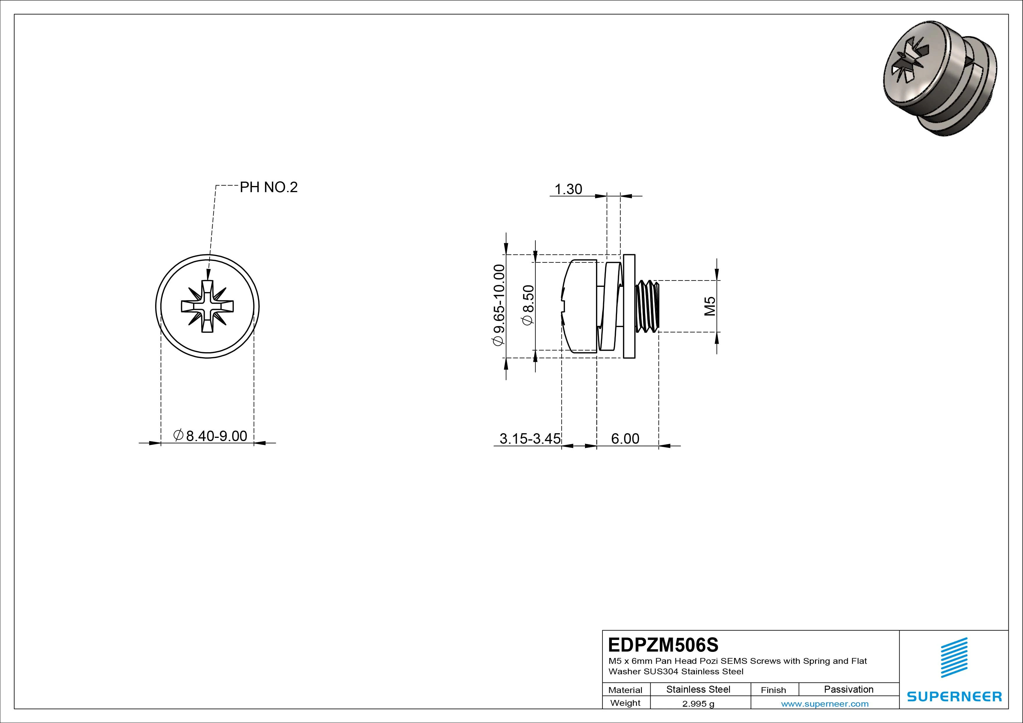 M5 x 6mm Pan Head Pozi SEMS Screws with Spring and Flat Washer SUS304 Stainless Steel Inox