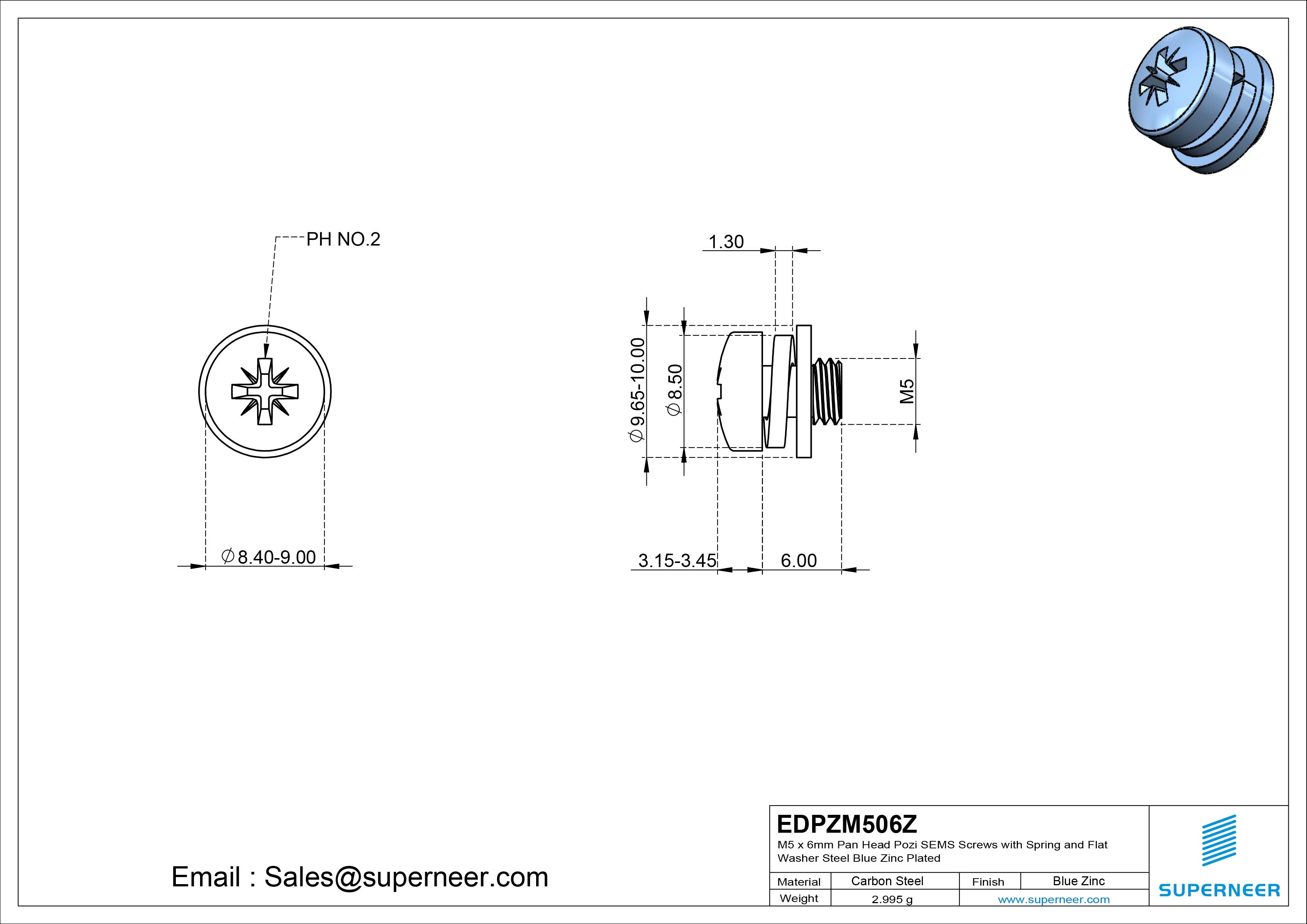 M5 x 6mm Pan Head Pozi SEMS Screws with Spring and Flat Washer Steel Blue Zinc Plated