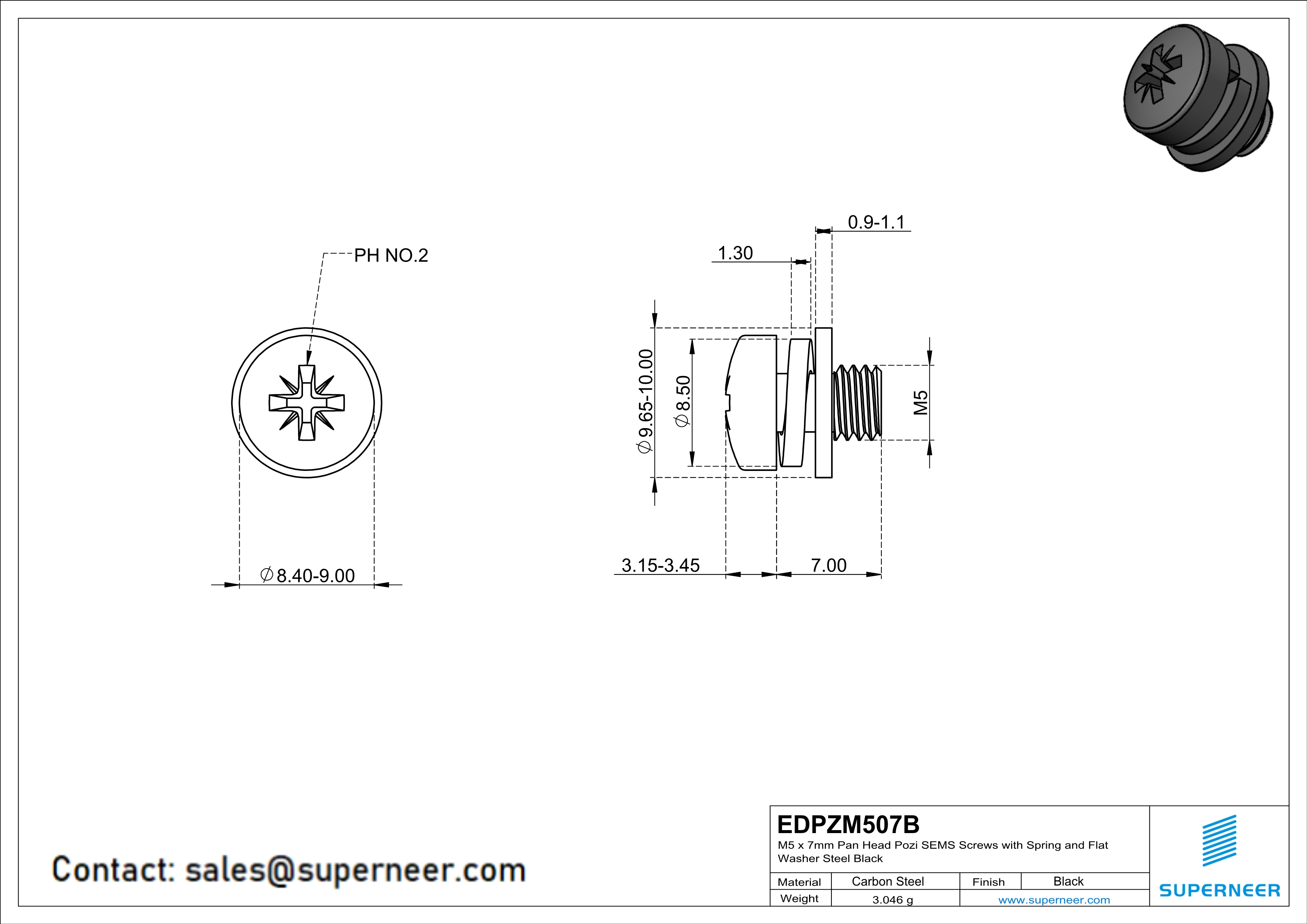 M5 x 7mm Pan Head Pozi SEMS Screws with Spring and Flat Washer Steel Black