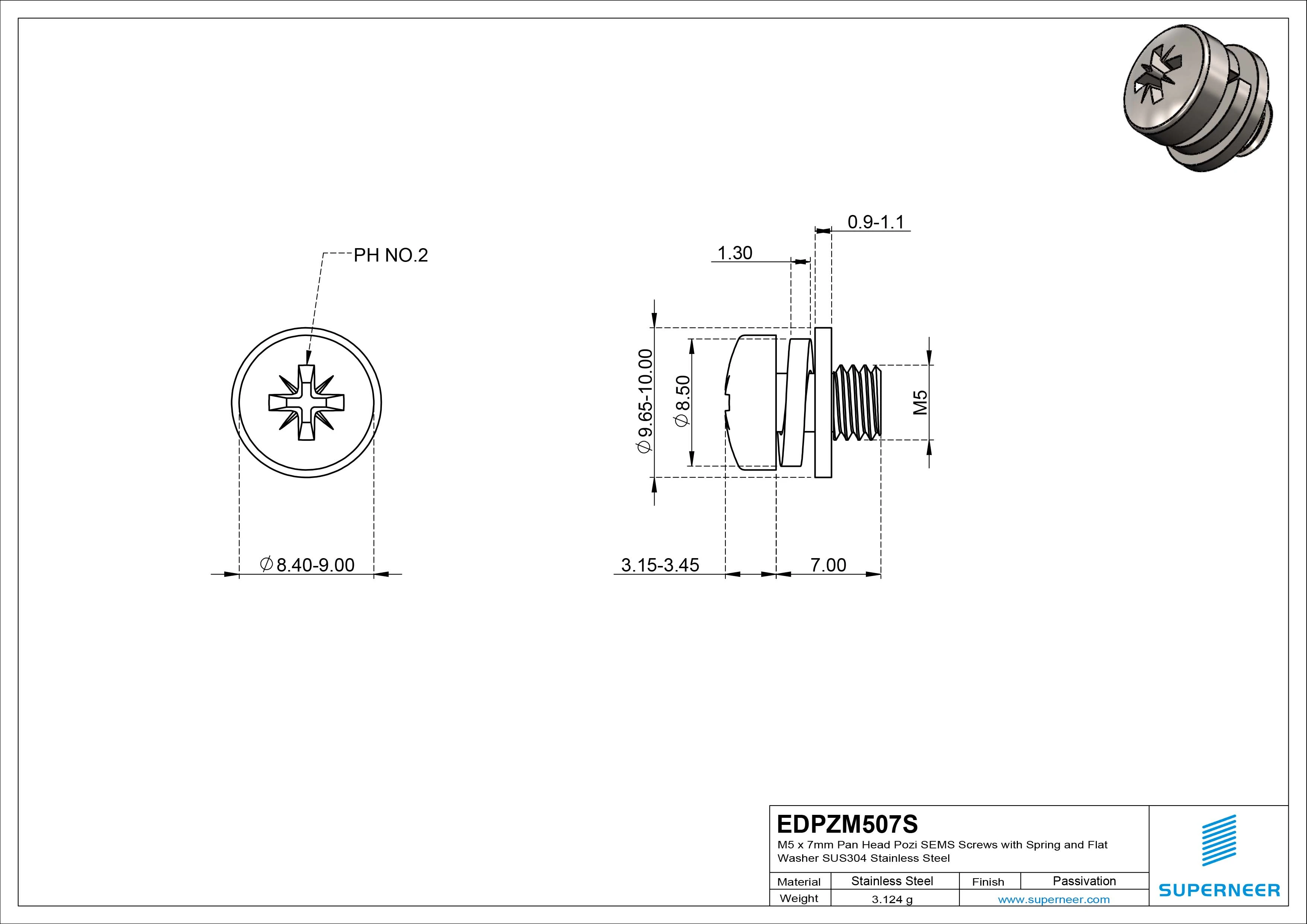 M5 x 7mm Pan Head Pozi SEMS Screws with Spring and Flat Washer SUS304 Stainless Steel Inox