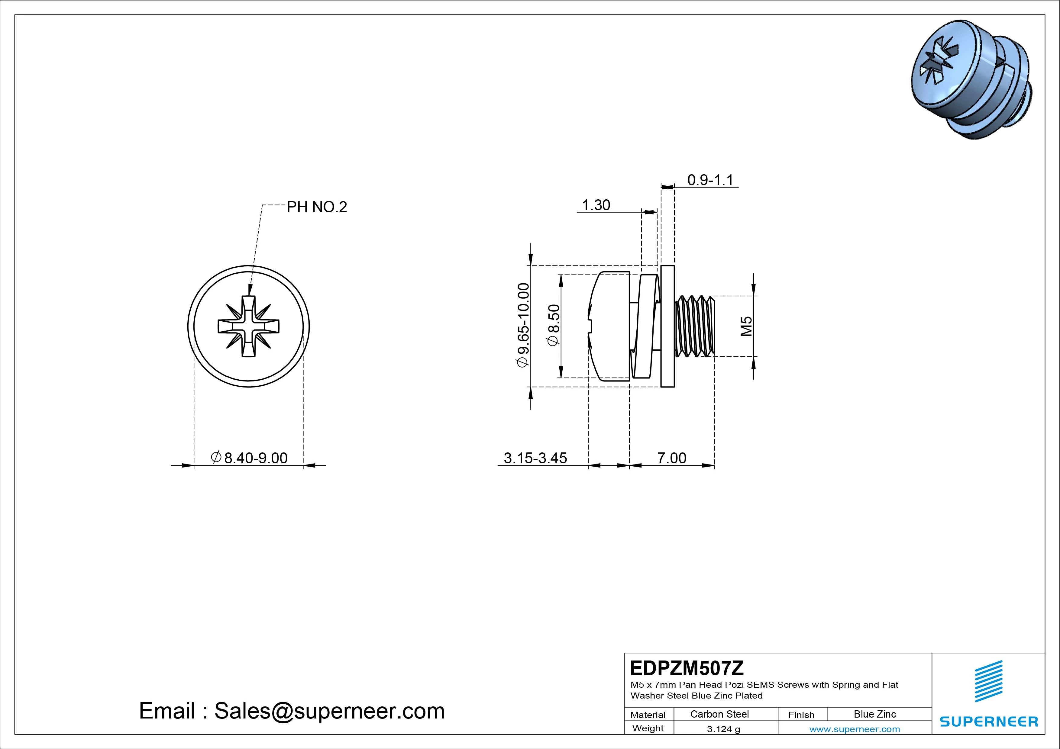 M5 x 7mm Pan Head Pozi SEMS Screws with Spring and Flat Washer Steel Blue Zinc Plated