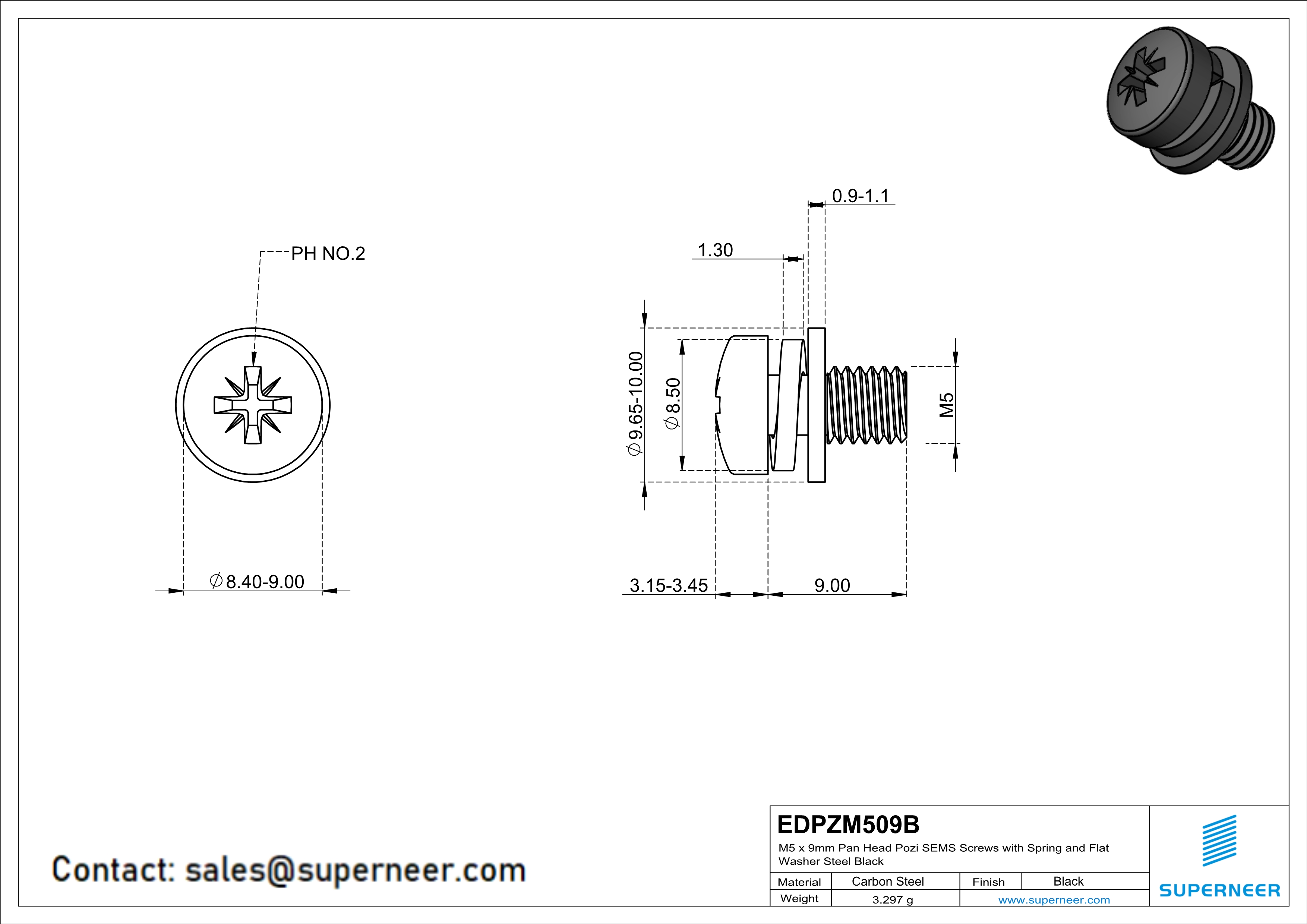 M5 x 9mm Pan Head Pozi SEMS Screws with Spring and Flat Washer Steel Black