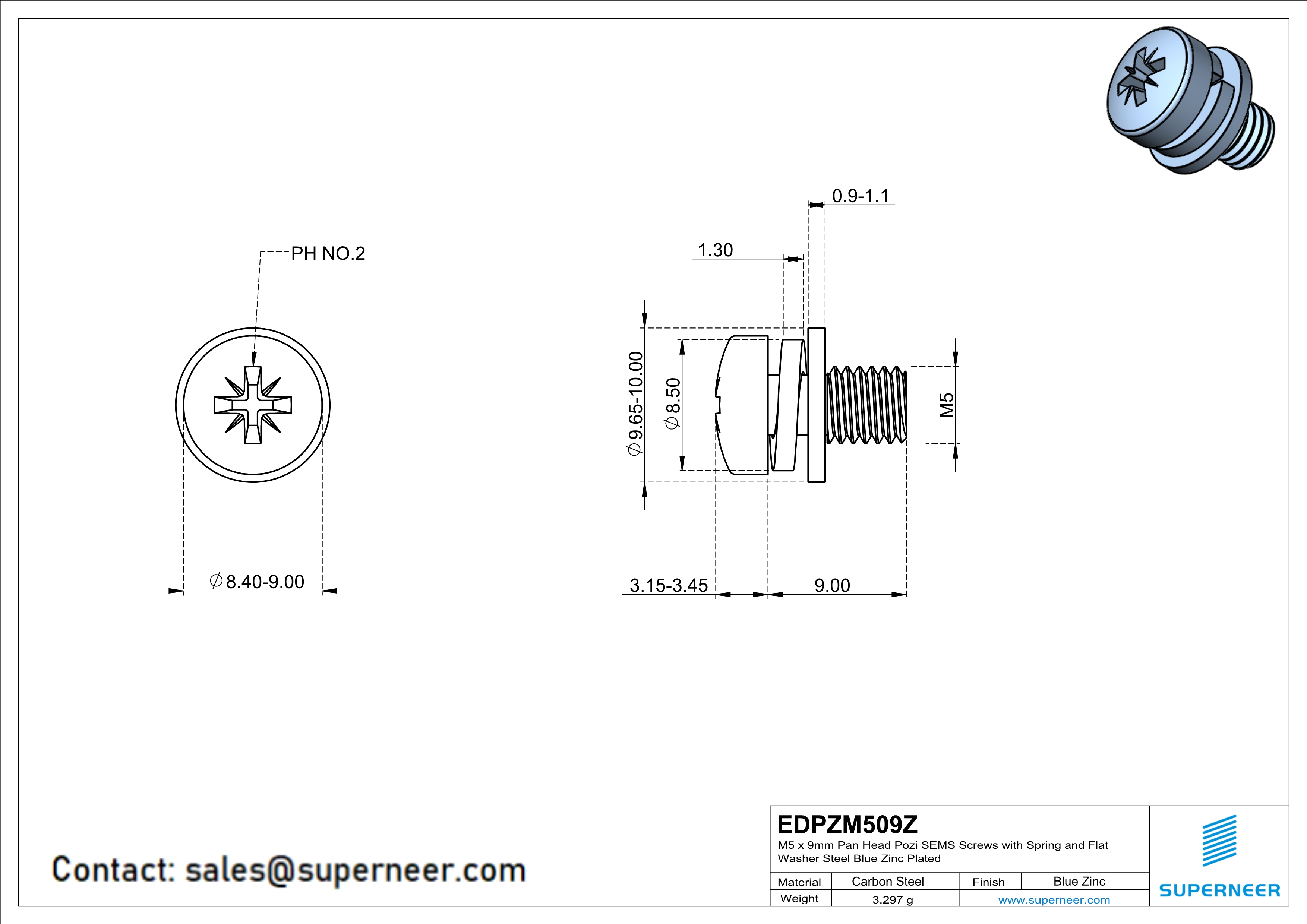 M5 x 9mm Pan Head Pozi SEMS Screws with Spring and Flat Washer Steel Blue Zinc Plated