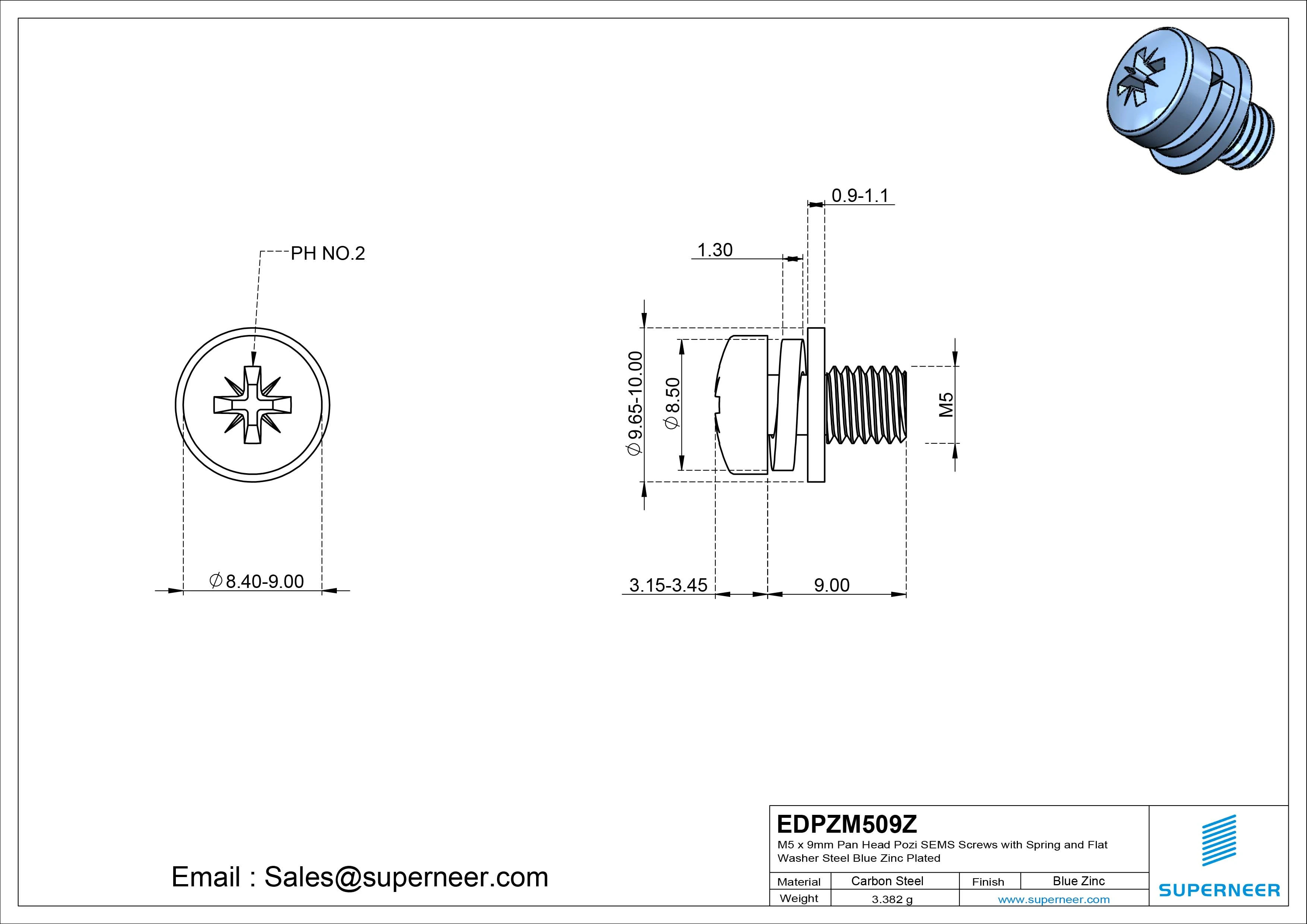 M5 x 9mm Pan Head Pozi SEMS Screws with Spring and Flat Washer Steel Blue Zinc Plated