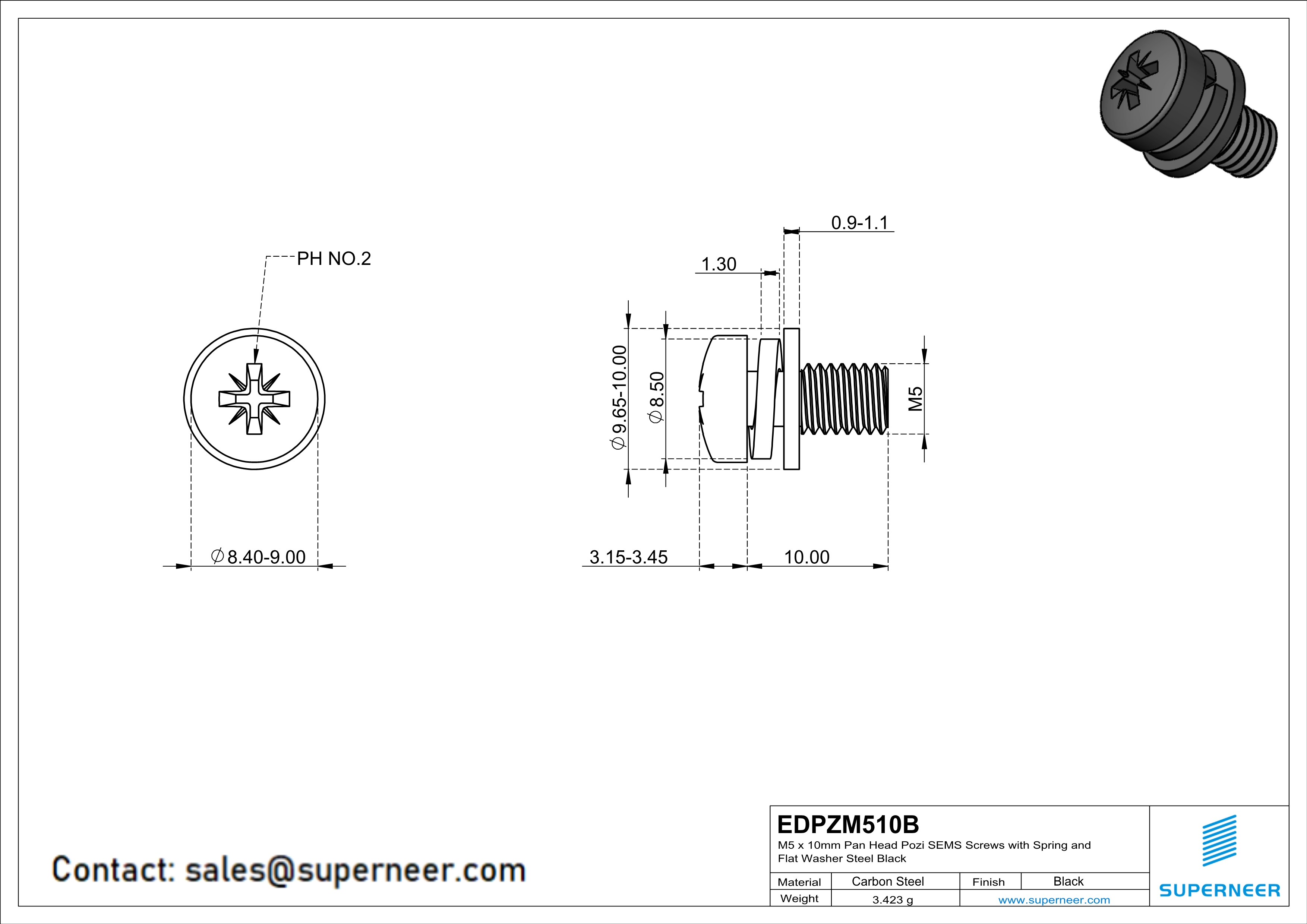 M5 x 10mm Pan Head Pozi SEMS Screws with Spring and Flat Washer Steel Black