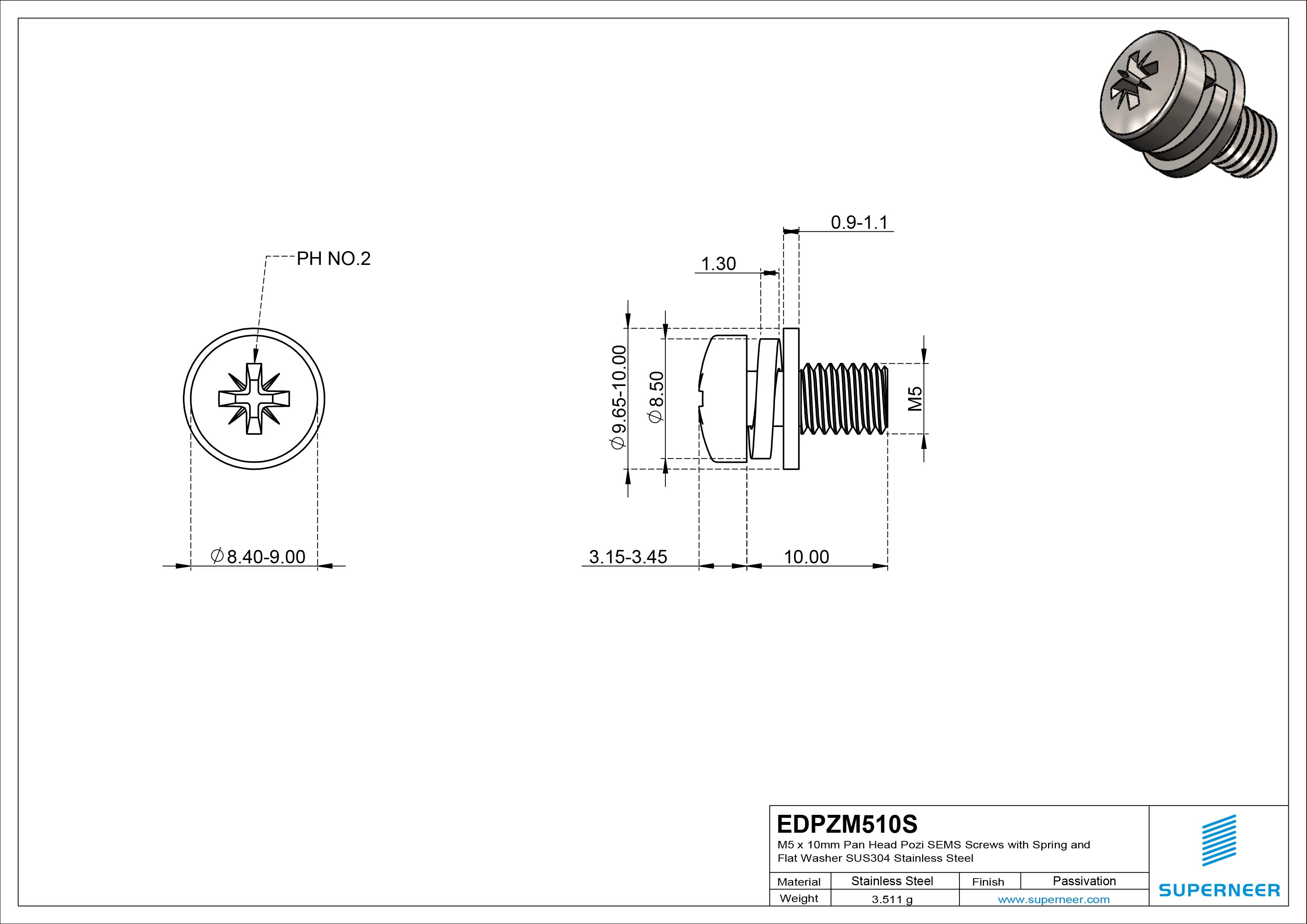 M5 x 10mm Pan Head Pozi SEMS Screws with Spring and Flat Washer SUS304 Stainless Steel Inox