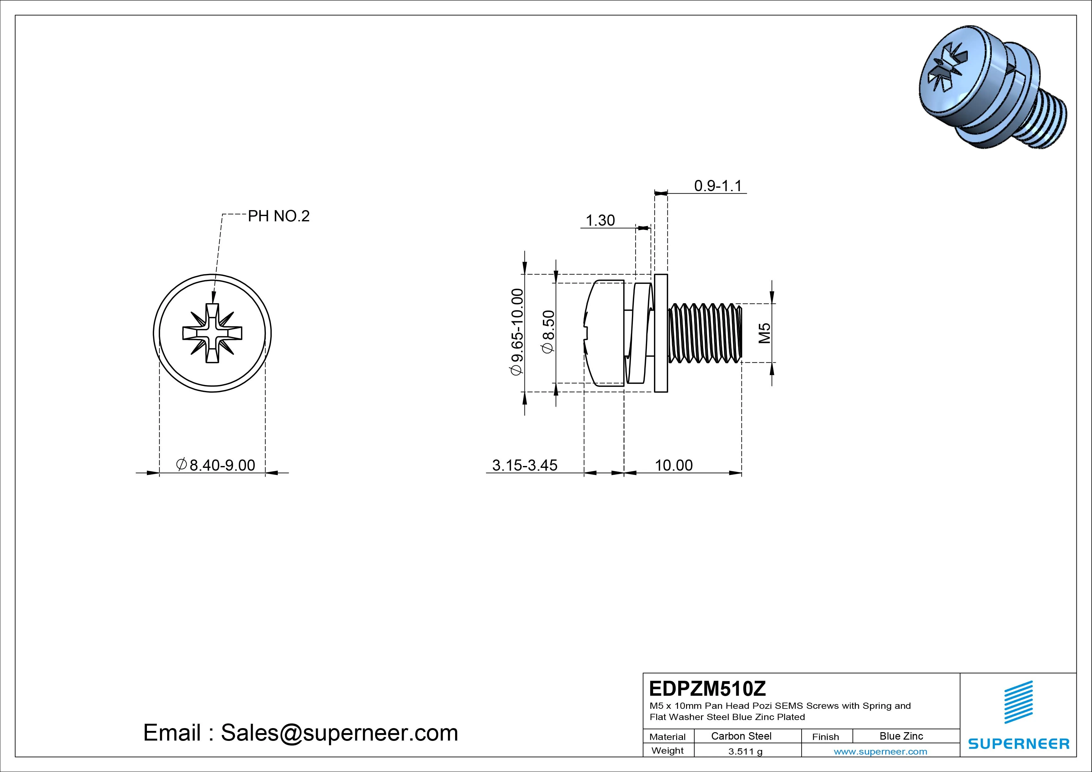 M5 x 10mm Pan Head Pozi SEMS Screws with Spring and Flat Washer Steel Blue Zinc Plated