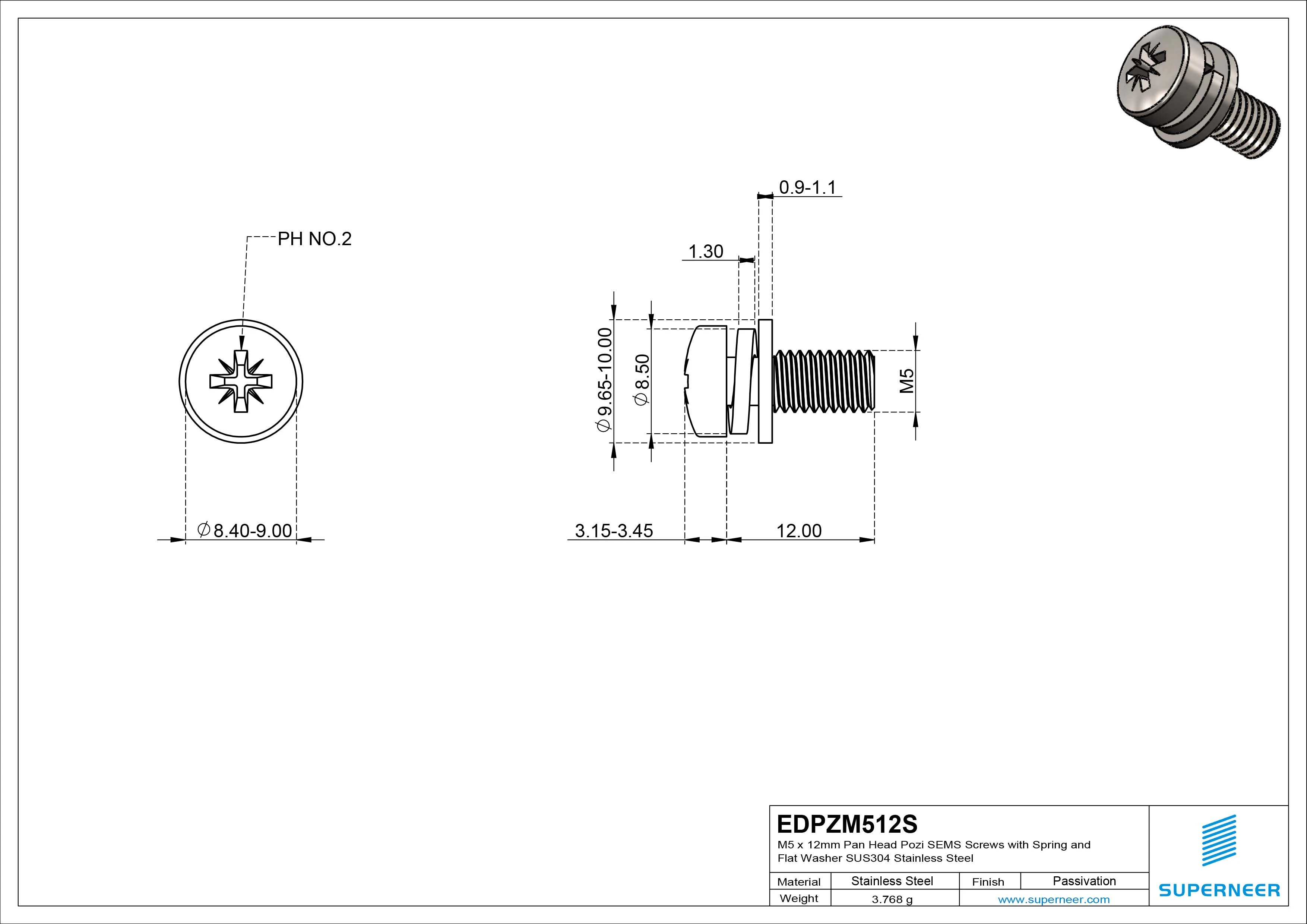 M5 x 12mm Pan Head Pozi SEMS Screws with Spring and Flat Washer SUS304 Stainless Steel Inox