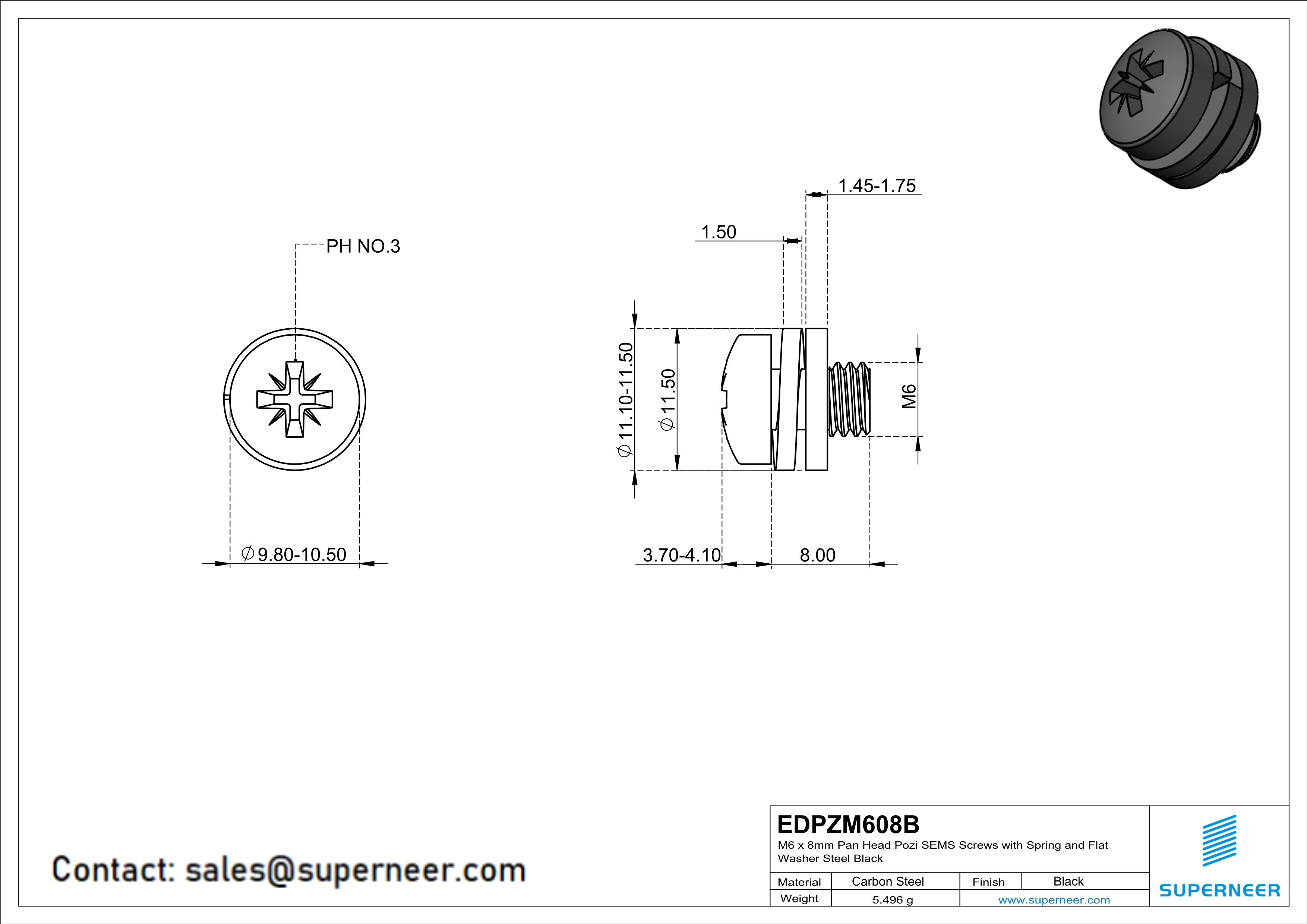 M6 x 8mm Pan Head Pozi SEMS Screws with Spring and Flat Washer Steel Black