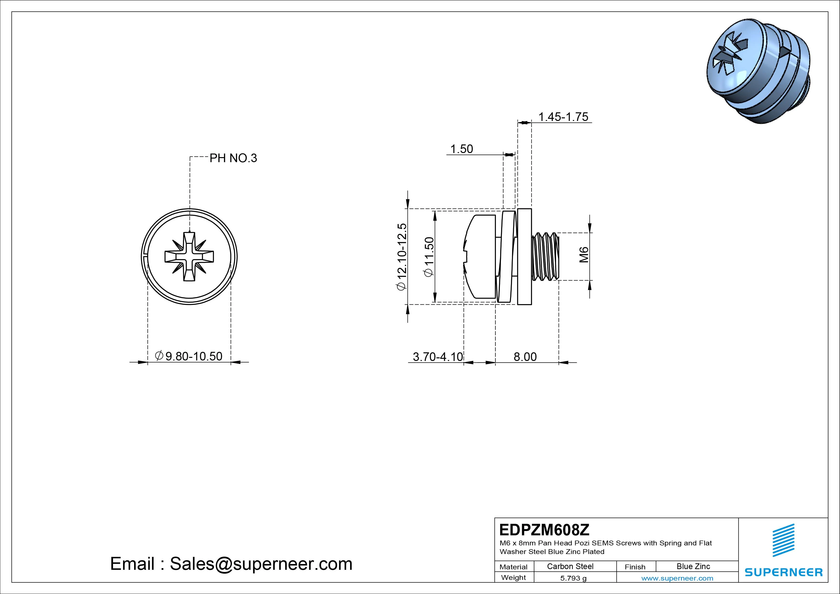M6 x 8mm Pan Head Pozi SEMS Screws with Spring and Flat Washer Steel Blue Zinc Plated