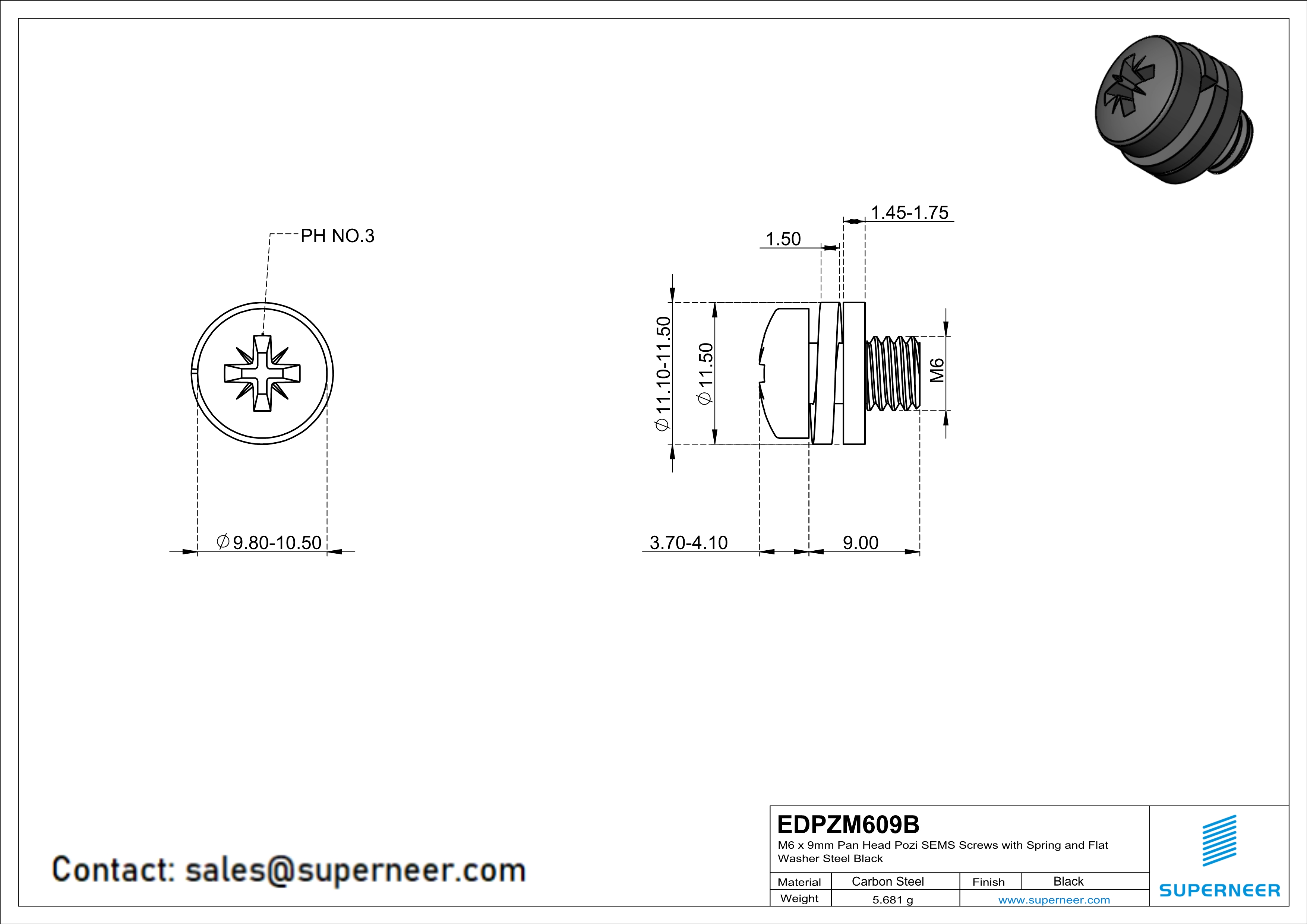 M6 x 9mm Pan Head Pozi SEMS Screws with Spring and Flat Washer Steel Black