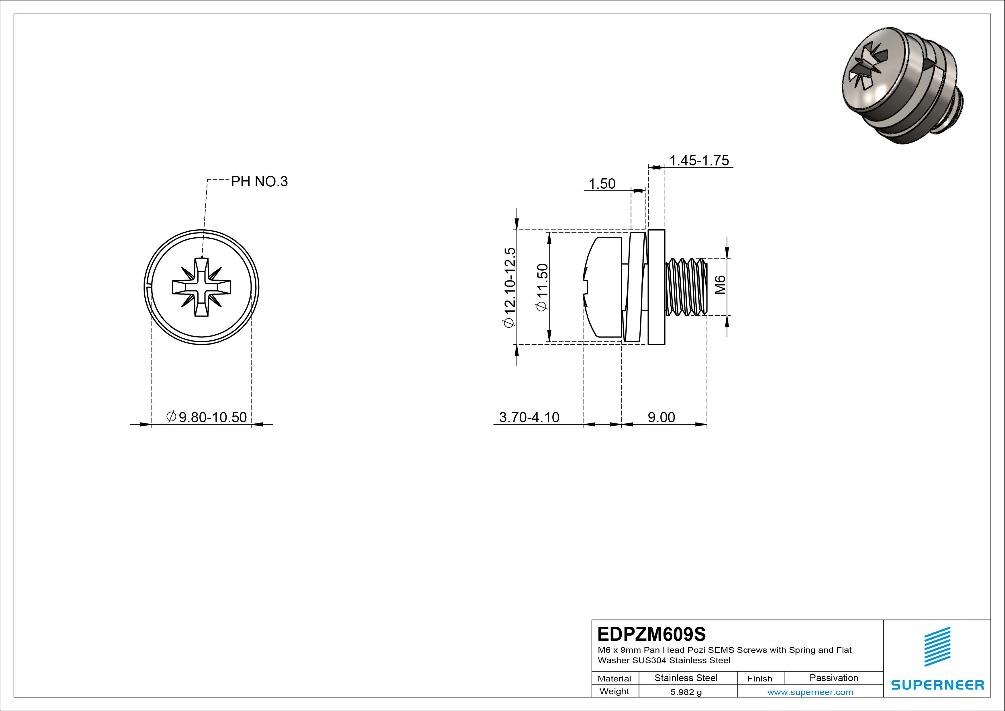 M6 x 9mm Pan Head Pozi SEMS Screws with Spring and Flat Washer SUS304 Stainless Steel Inox
