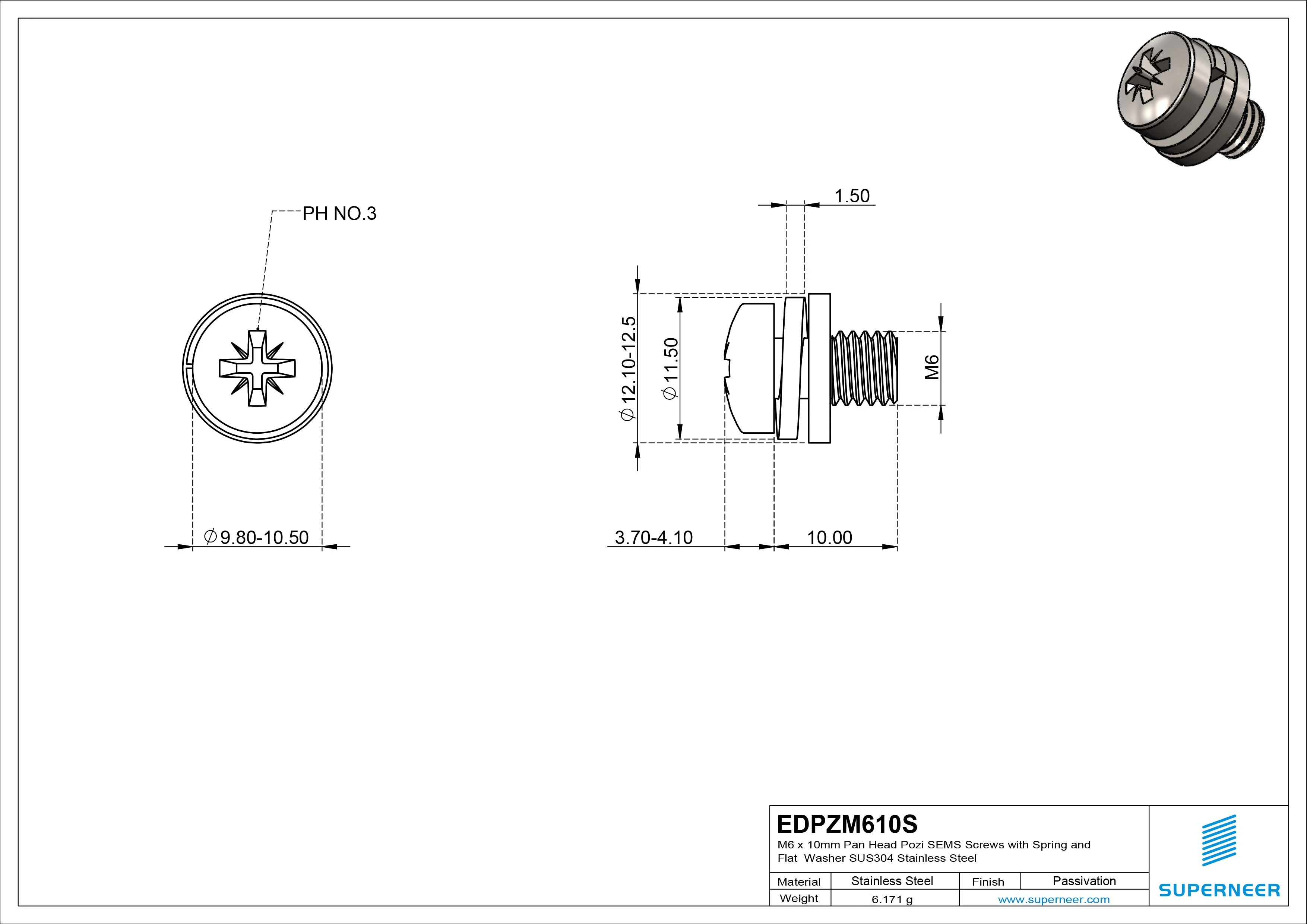 M6 x 10mm Pan Head Pozi SEMS Screws with Spring and Flat Washer SUS304 Stainless Steel Inox