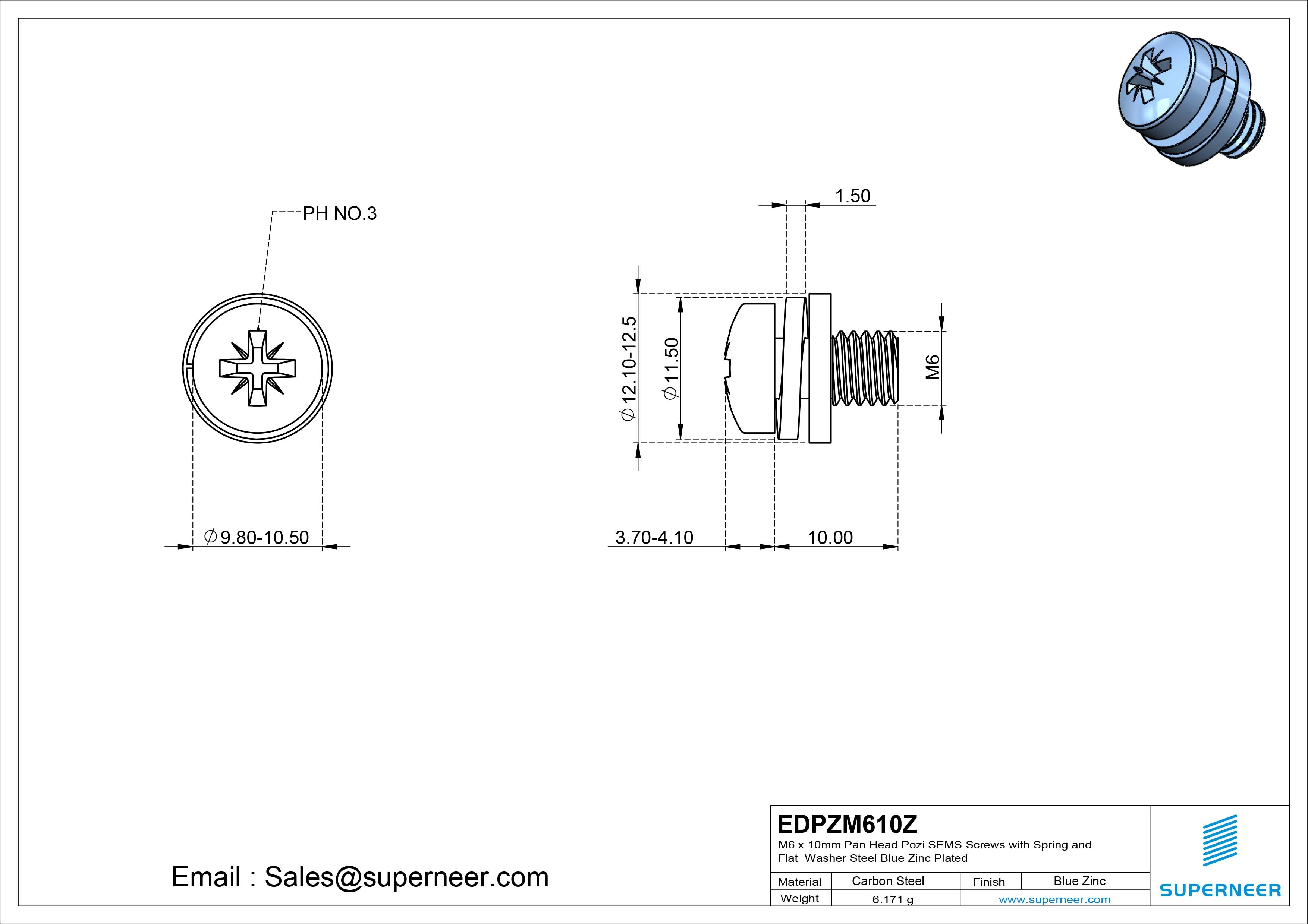 M6 x 10mm Pan Head Pozi SEMS Screws with Spring and Flat Washer Steel Blue Zinc Plated