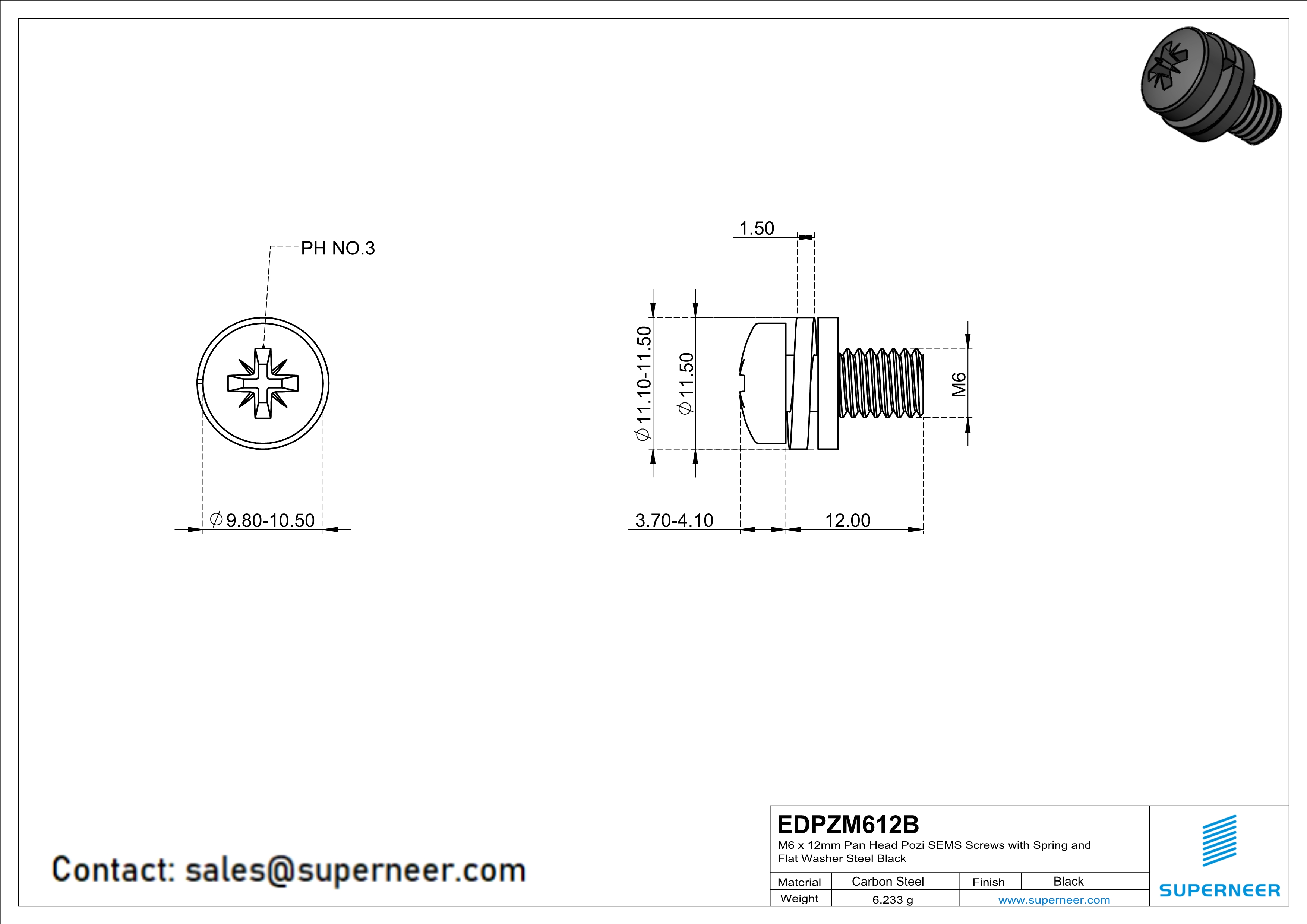 M6 x 12mm Pan Head Pozi SEMS Screws with Spring and Flat Washer Steel Black