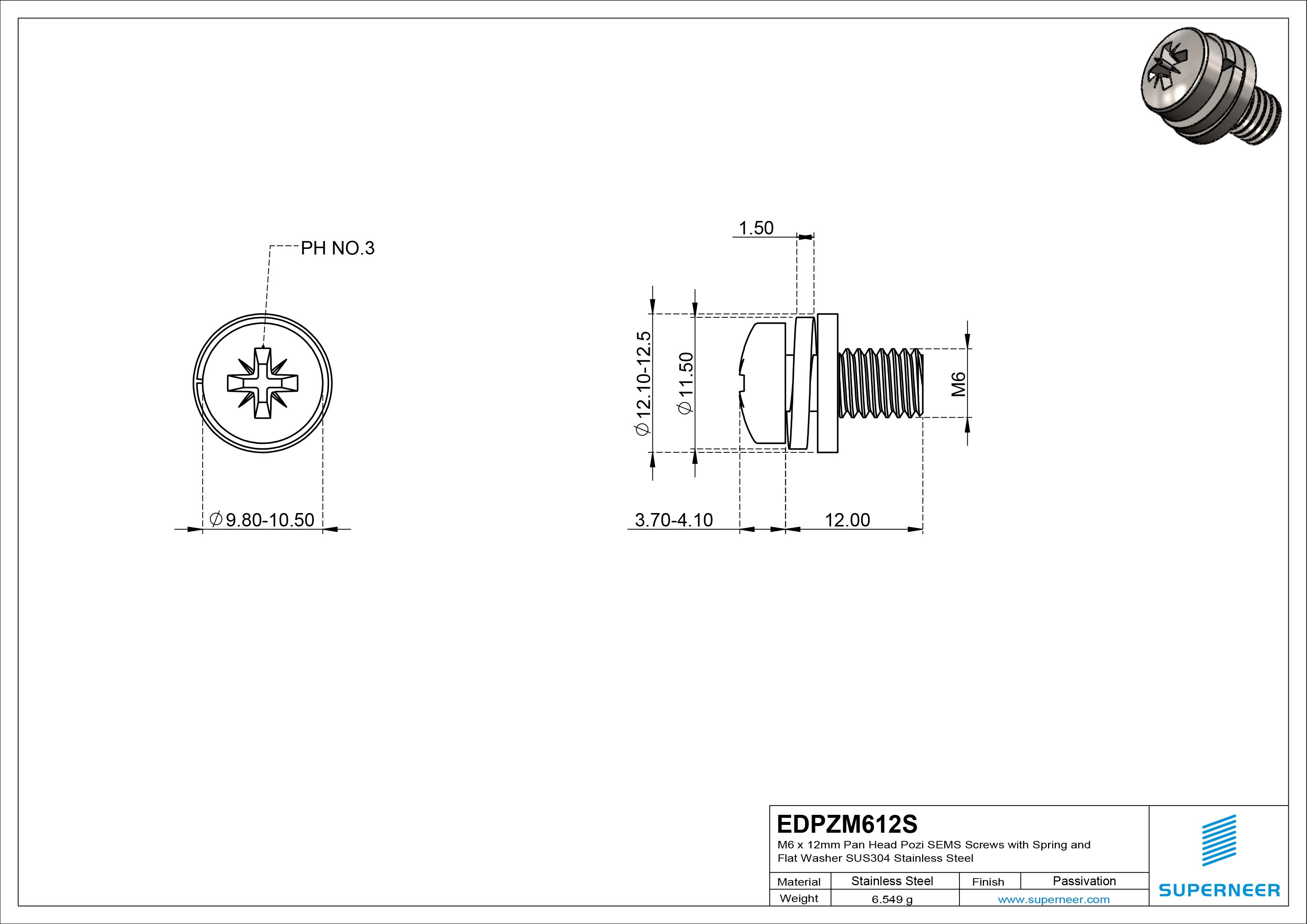M6 x 12mm Pan Head Pozi SEMS Screws with Spring and Flat Washer SUS304 Stainless Steel Inox