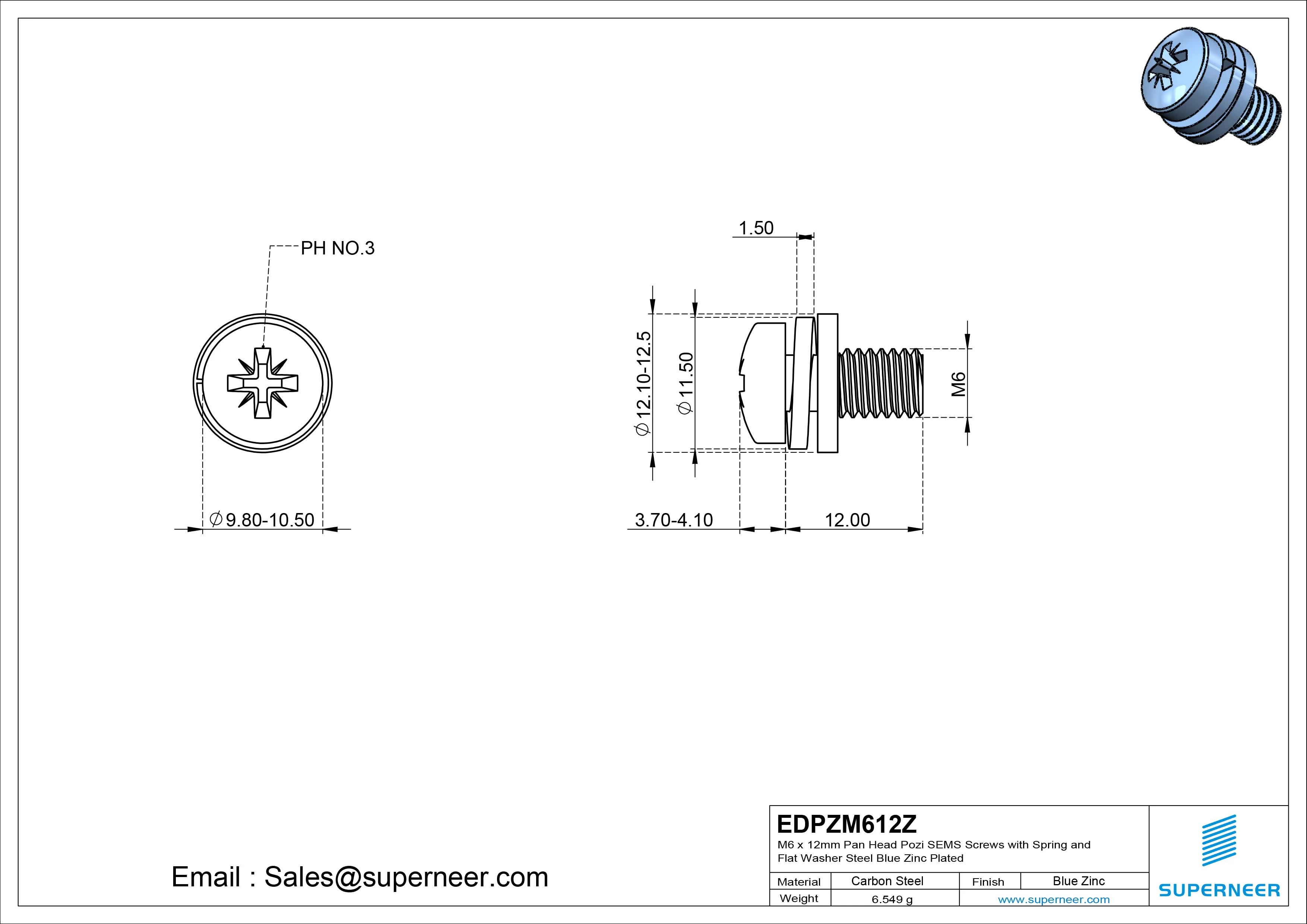 M6 x 12mm Pan Head Pozi SEMS Screws with Spring and Flat Washer Steel Blue Zinc Plated