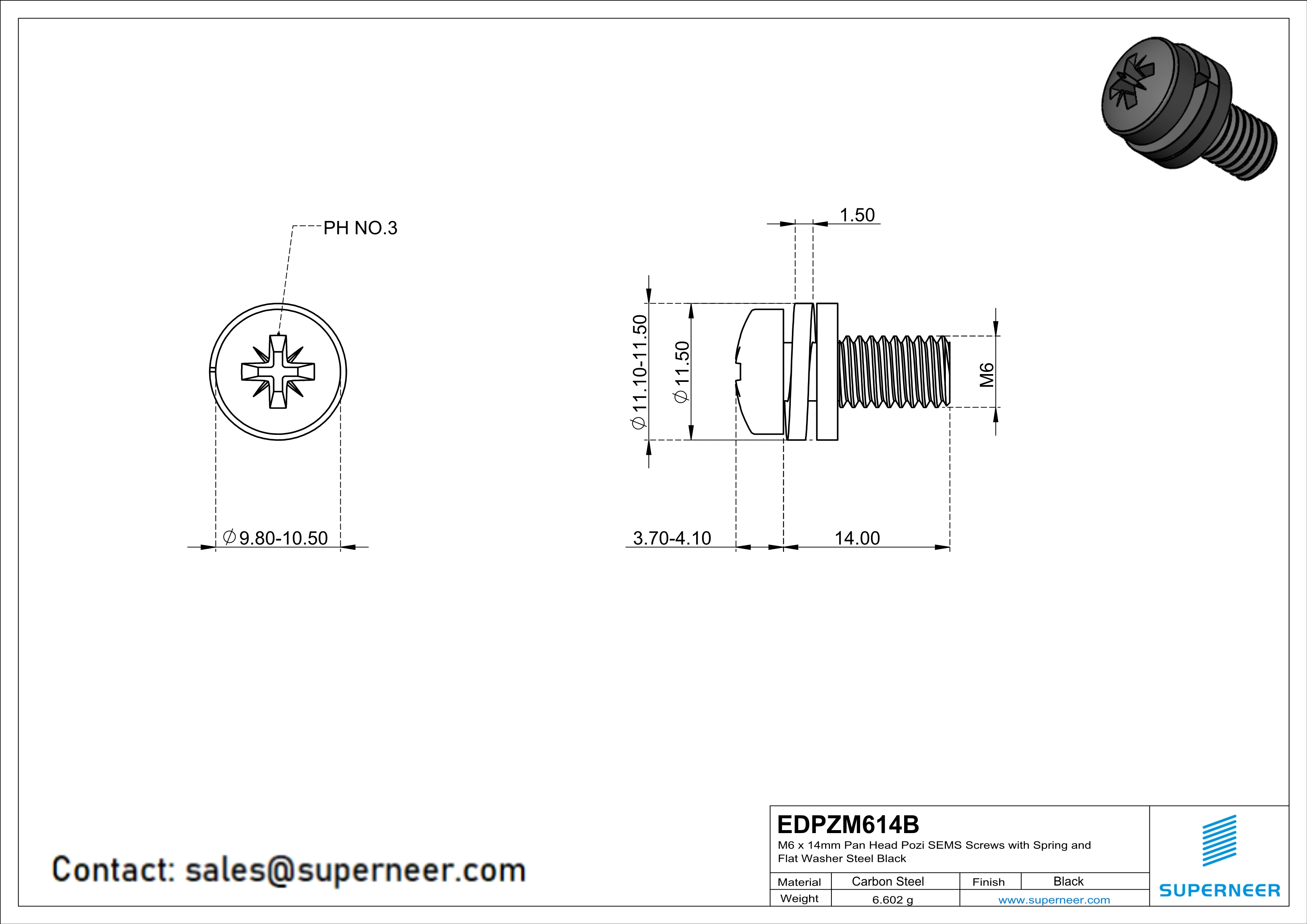 M6 x 14mm Pan Head Pozi SEMS Screws with Spring and Flat Washer Steel Black