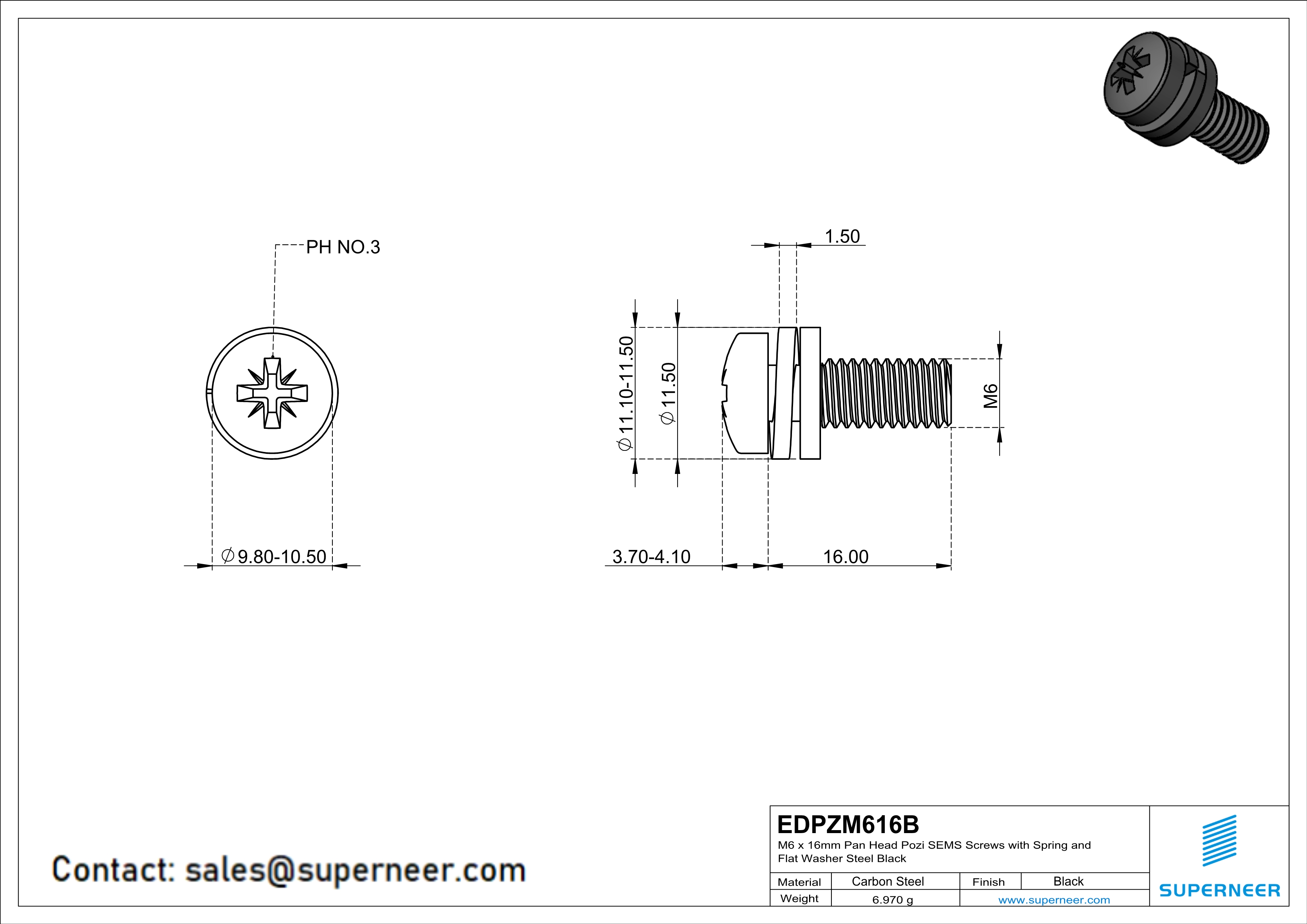 M6 x 16mm Pan Head Pozi SEMS Screws with Spring and Flat Washer Steel Black